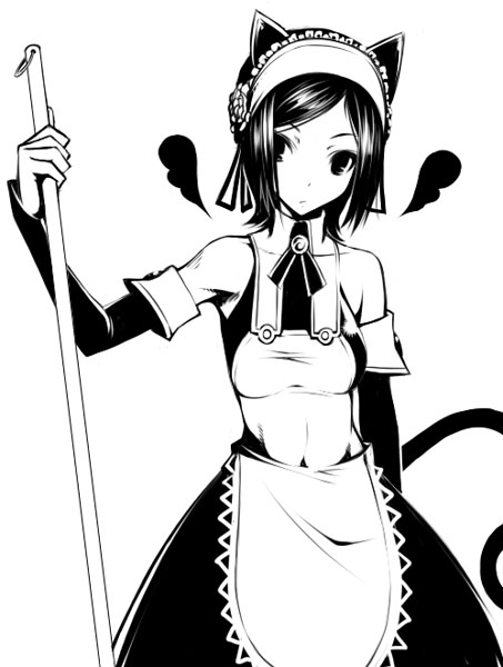 original, 1girl, animal ears, cat ears, cat girl, female focus, greyscale, maid, monochrome, simple background, solo