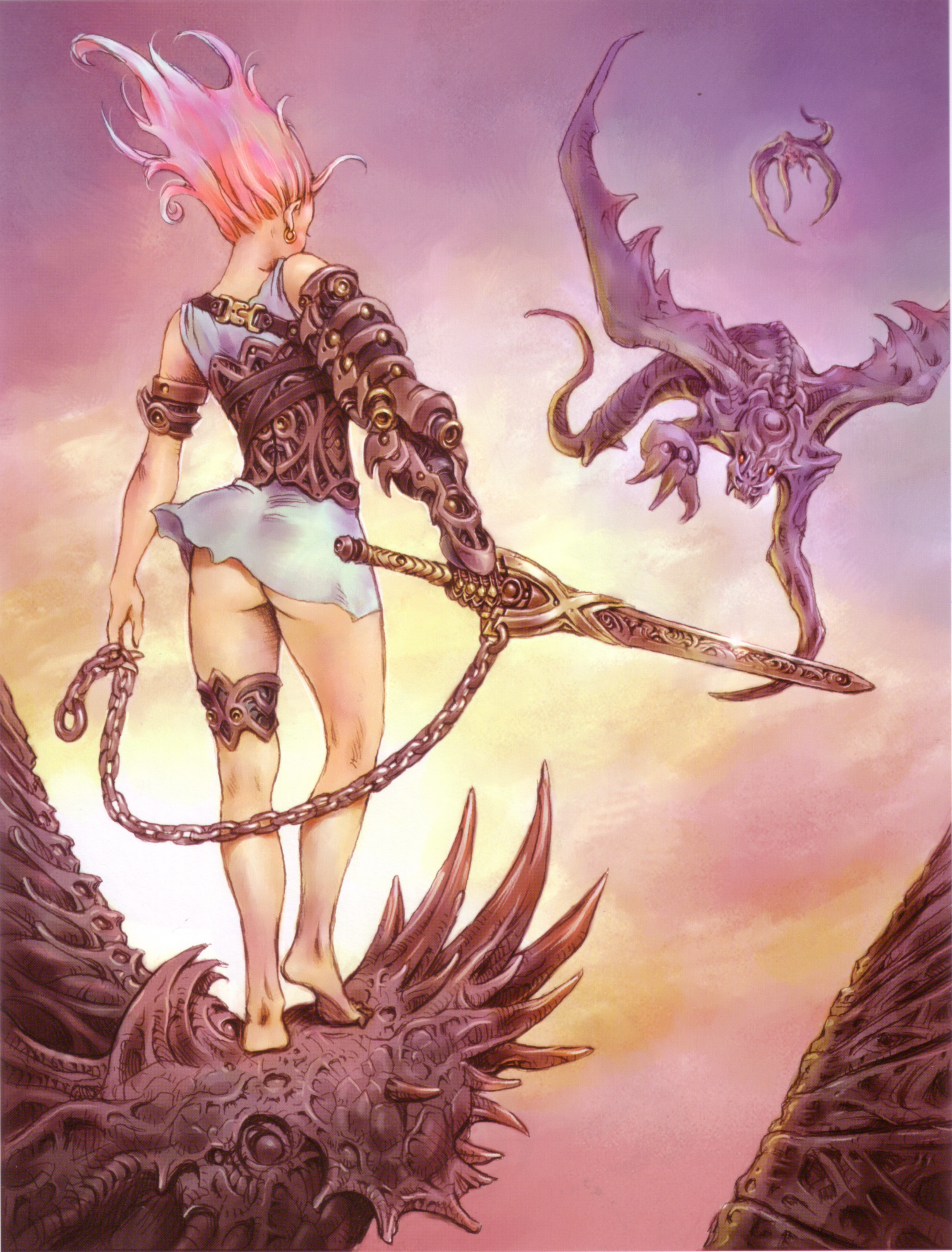 yamashita shun'ya, original, absurdres, highres, armlet, armor, ass, back, fantasy, heel up, holding, holding sword, holding weapon, jewelry, no panties, skirt, solo, standing, sword, thighlet, weapon