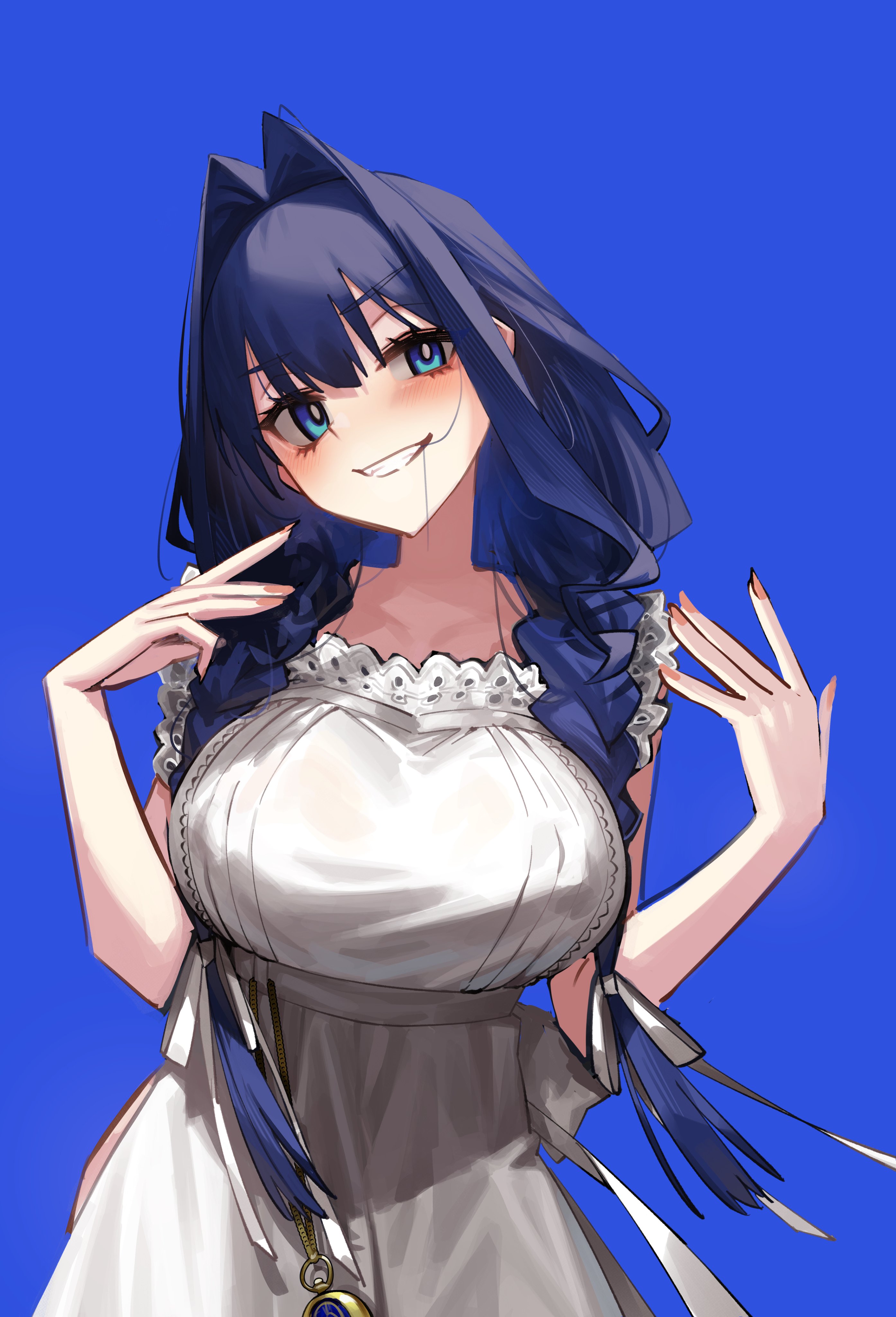 adarin, ouro kronii, ouro kronii (maid), hololive, hololive english, absurdres, commentary, english commentary, highres, 1girl, apron, blue background, blue eyes, blue hair, braid, breasts, covered erect nipples, frilled apron, frills, grin, hair in own mouth, hair intakes, hair over shoulder, hands up, large breasts, long hair, looking at viewer, low twin braids, maid apron, naked apron, official alternate costume, official alternate hairstyle, simple background, smile, solo, twin braids, upper body, virtual youtuber, white apron