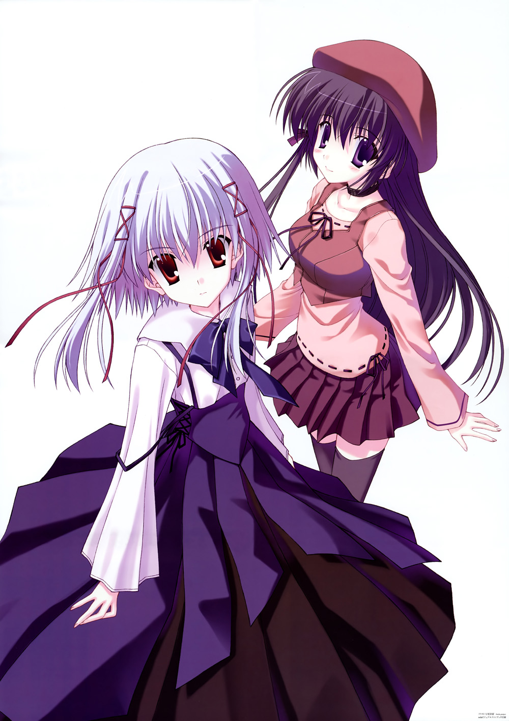 nanao naru, morimiya aono, shihou matsuri, sola, black legwear, highres, 00s, 2girls, beret, choker, hat, long hair, multiple girls, purple eyes, purple hair, red eyes, short hair, simple background, thighhighs, very long hair, white hair, zettai ryouiki