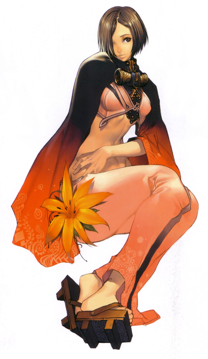 kim hyung tae, serina, magna carta, magna carta crimson stigmata, highres, brown eyes, brown hair, flower, geta, hair over one eye, midriff, short hair, simple background, sitting, skirt, solo