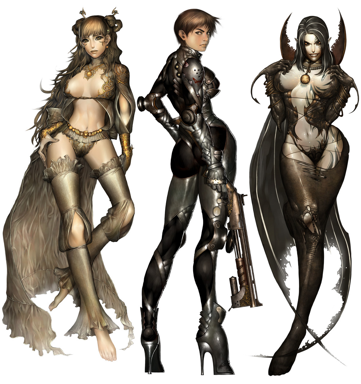 alien1452, darkeden, original, highres, 3girls, armor, ass, black hair, blonde hair, bodypaint, boots, breasts, brown eyes, brown hair, cleavage, cloak, contrapposto, costume, dark-skinned female, dark skin, demon girl, elbow gloves, everyone, fangs, gem, gloves, goth fashion, grabbing another's breast, grabbing own breast, groping, gun, high heel boots, high heels, hip focus, large breasts, lingerie, lips, long hair, monster, multiple girls, ouster, panties, red eyes, shoes, short hair, shotgun, smile, tattoo, thong, torn clothes, underwear, vampire, weapon, wide hips, yellow eyes