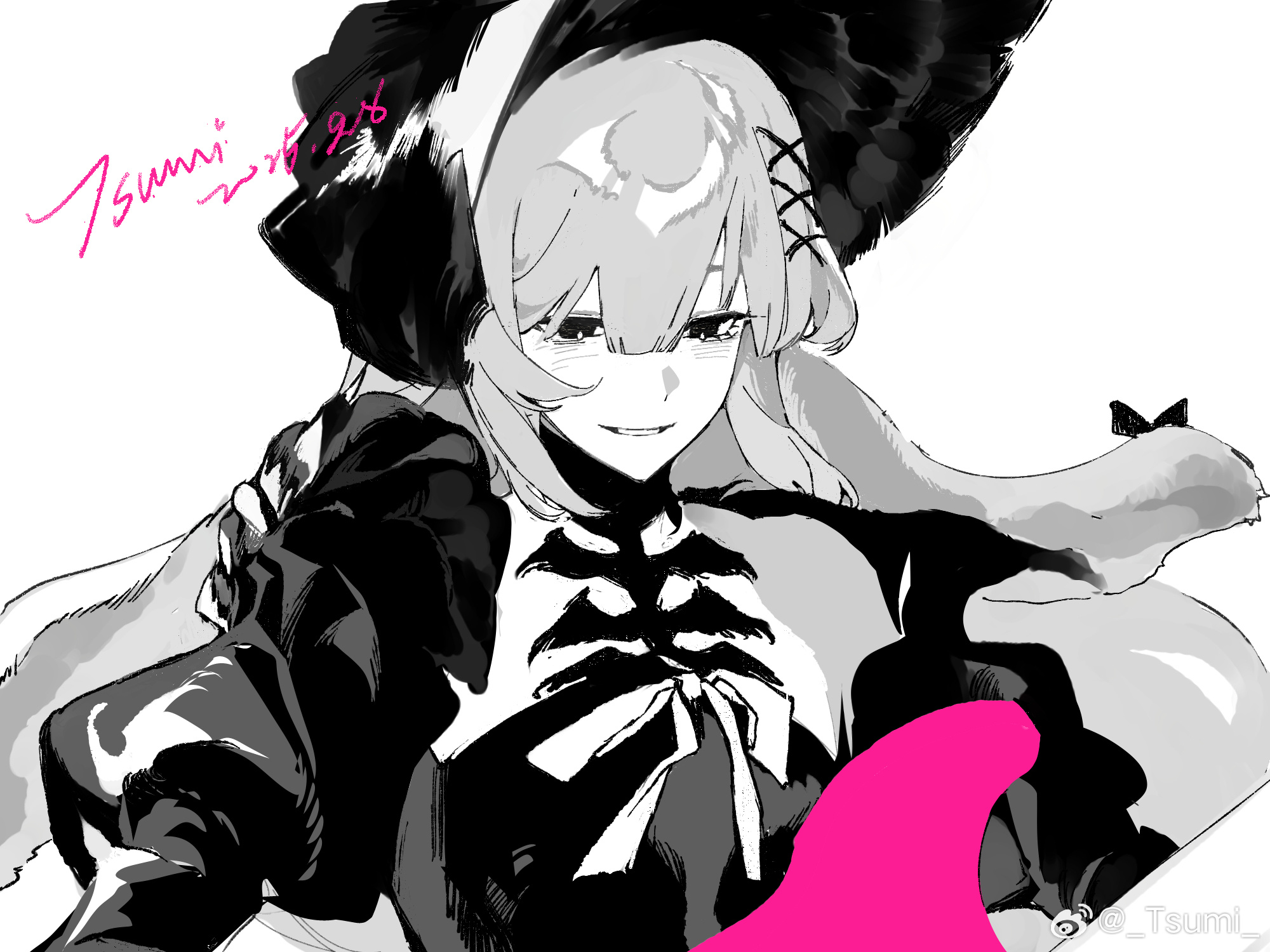 wakaba mutsumi, arknights, bang dream!, bang dream! it's mygo!!!!!, hashtag-only commentary, highres, 1girl, animal ears, artist name, bonnet, bu jiu ji, floppy ears, gothic lolita, guitar, hair ornament, instrument, lolita fashion, long hair, monochrome, rabbit ears, rabbit girl, ribbon, sidelocks, simple background, smile, solo, spot color, upper body, wakaba mutsumi (marionette's id), white background, x hair ornament