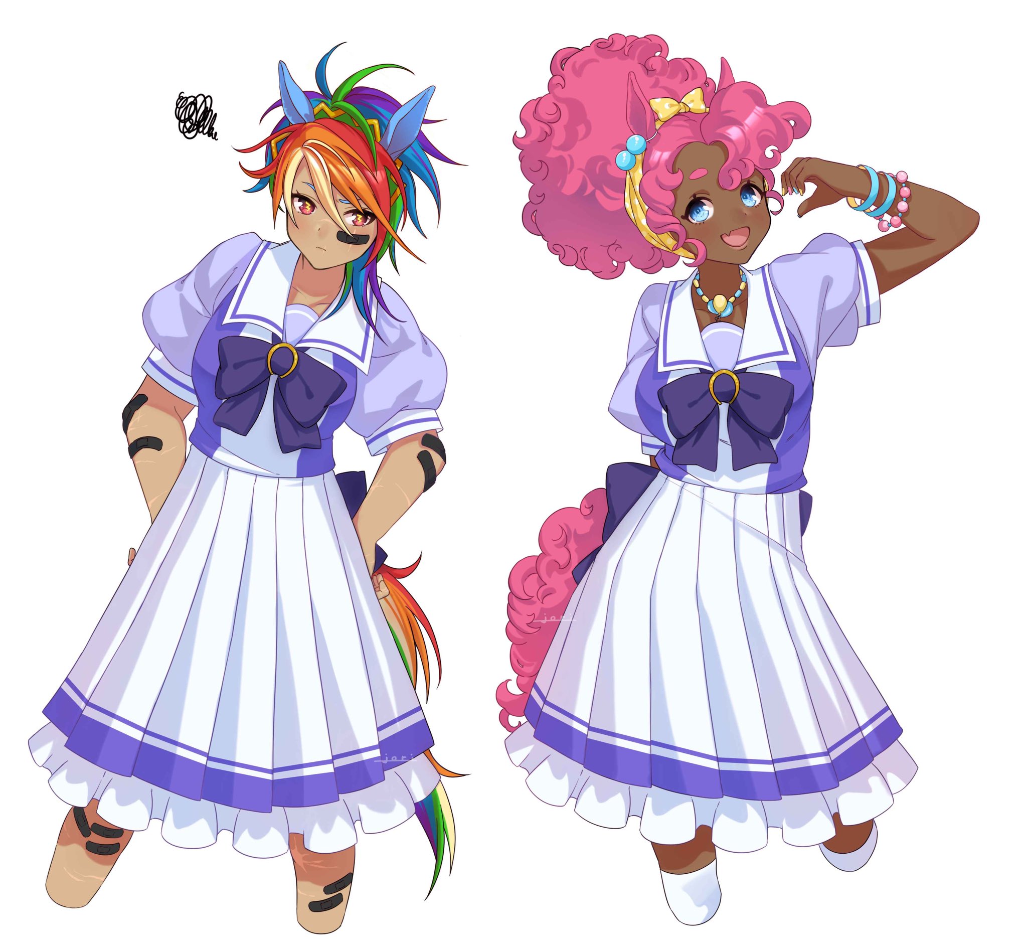 pinkie pie, rainbow dash, my little pony, my little pony: friendship is magic, umamusume, commentary, english commentary, highres, 2girls, animal ears, animification, arm up, bandaid, bow, bowtie, bracelet, curly hair, dark-skinned female, dark skin, hair bow, heart, heart hands, horse ears, horse girl, horse tail, horseshoe ornament, jewelry, jorii l33, long hair, multicolored hair, multiple girls, necklace, parody, personification, pink hair, pleated skirt, purple bow, purple bowtie, purple sailor collar, purple serafuku, purple shirt, rainbow hair, sailor collar, sailor shirt, scar, school uniform, serafuku, shirt, short hair, short sleeves, simple background, skirt, smile, summer uniform, tail, tan, tracen school uniform, updo, white background, white skirt, yellow bow