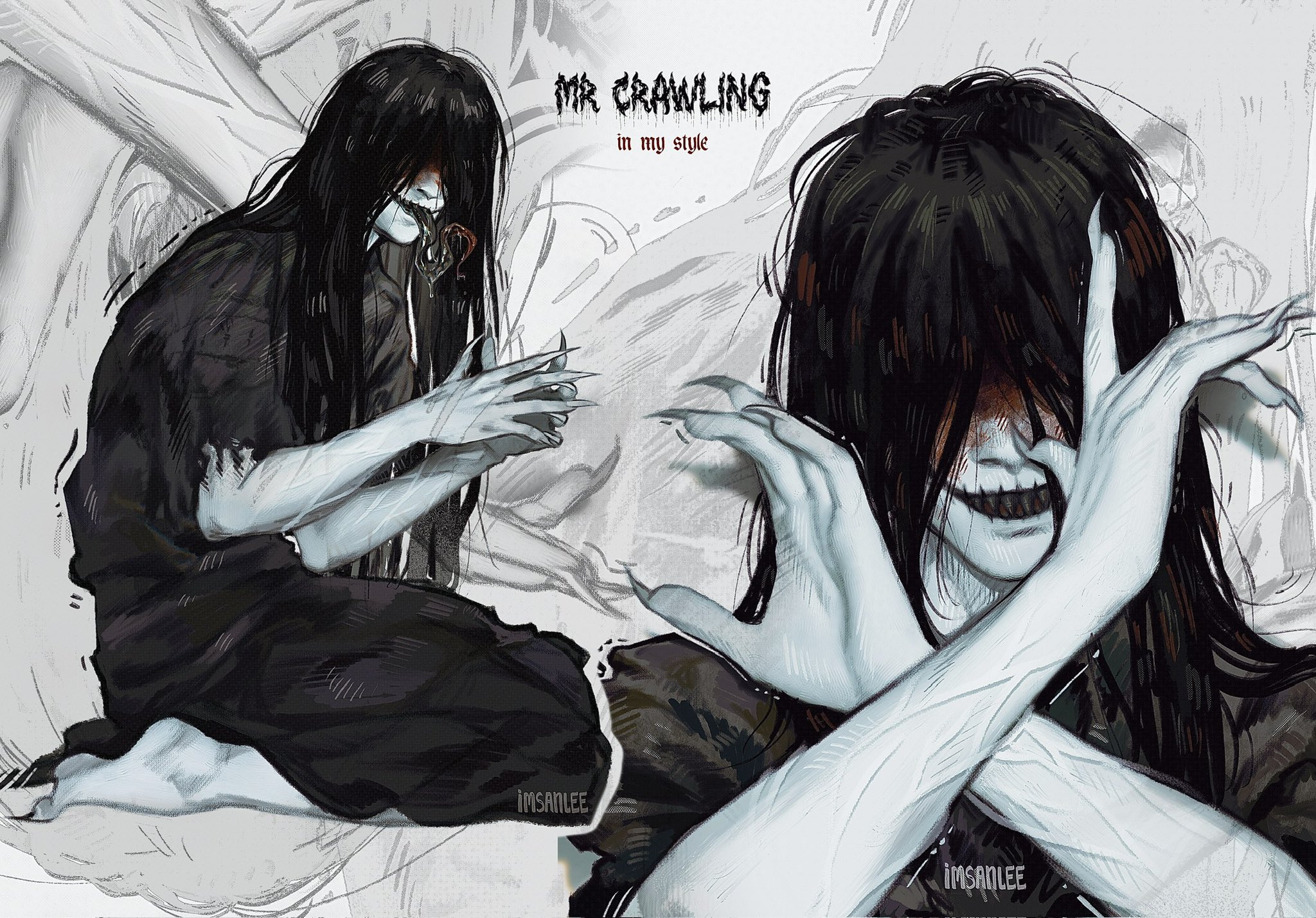 mr. crawling, homicipher, commentary, english commentary, highres, 1boy, black hair, black kimono, black teeth, black tongue, blood, blood on face, colored teeth, english text, fingernails, grey background, grin, itssanlee, japanese clothes, kimono, long hair, long tongue, male focus, multiple views, saliva, sharp fingernails, sharp teeth, sharp toenails, smile, teeth, toenails, tongue, veins, very long hair, zoom layer