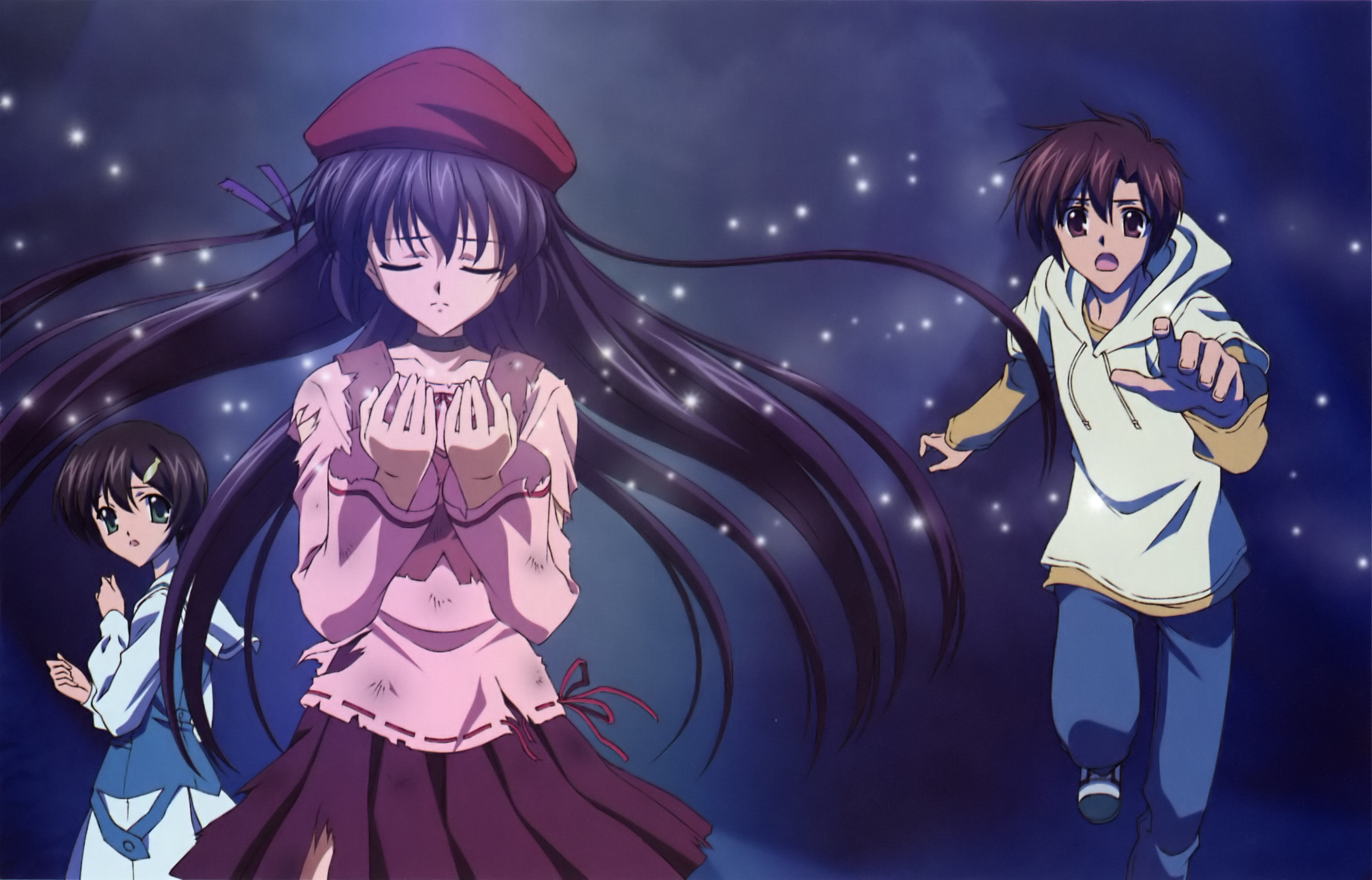 koga makoto, ishizuki mana, morimiya yorito, shihou matsuri, sola, highres, 00s, 1boy, 2girls, beret, black gloves, blue dress, closed eyes, cowboy shot, dress, fingerless gloves, floating hair, gloves, glowing, hat, long hair, long sleeves, looking back, multiple girls, outstretched arms, red dress, running, shirt, t-shirt, very long hair, wind
