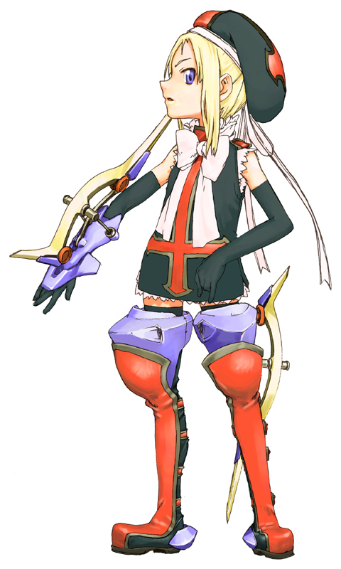unaji, original, 1girl, armor, armored boots, bare shoulders, beret, black gloves, black thighhighs, blonde hair, blue eyes, boots, bow, bowtie, dress, elbow gloves, female focus, full body, gloves, hat, short dress, sleeveless, sleeveless dress, solo, standing, thighhighs, white bow, zettai ryouiki