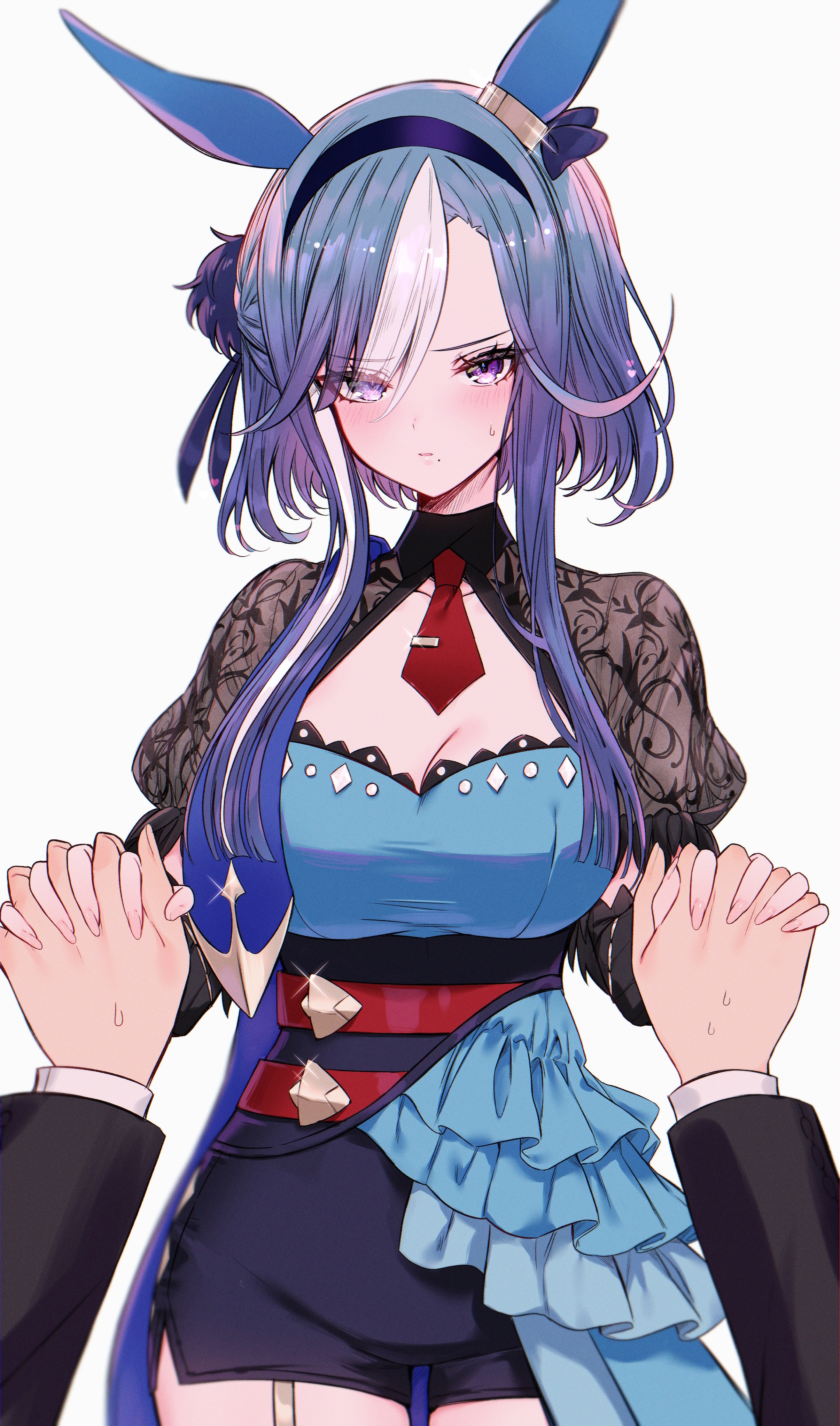 tetora (oudonoishiize), admire groove (umamusume), trainer (umamusume), umamusume, absurdres, highres, animal ears, blue hair, breasts, ear covers, holding hands, horse ears, horse girl, large breasts, mole, mole under mouth, pov, pov hands, purple eyes, simple background, white background, white streaks