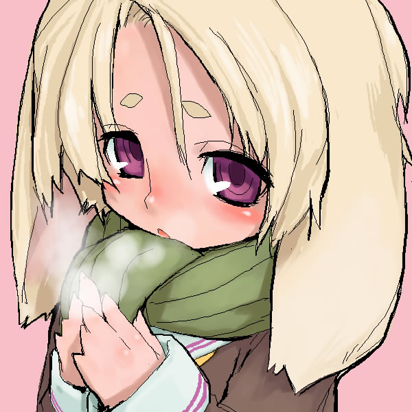 unaji, original, animal ears, blush, oekaki, purple eyes, scarf, solo