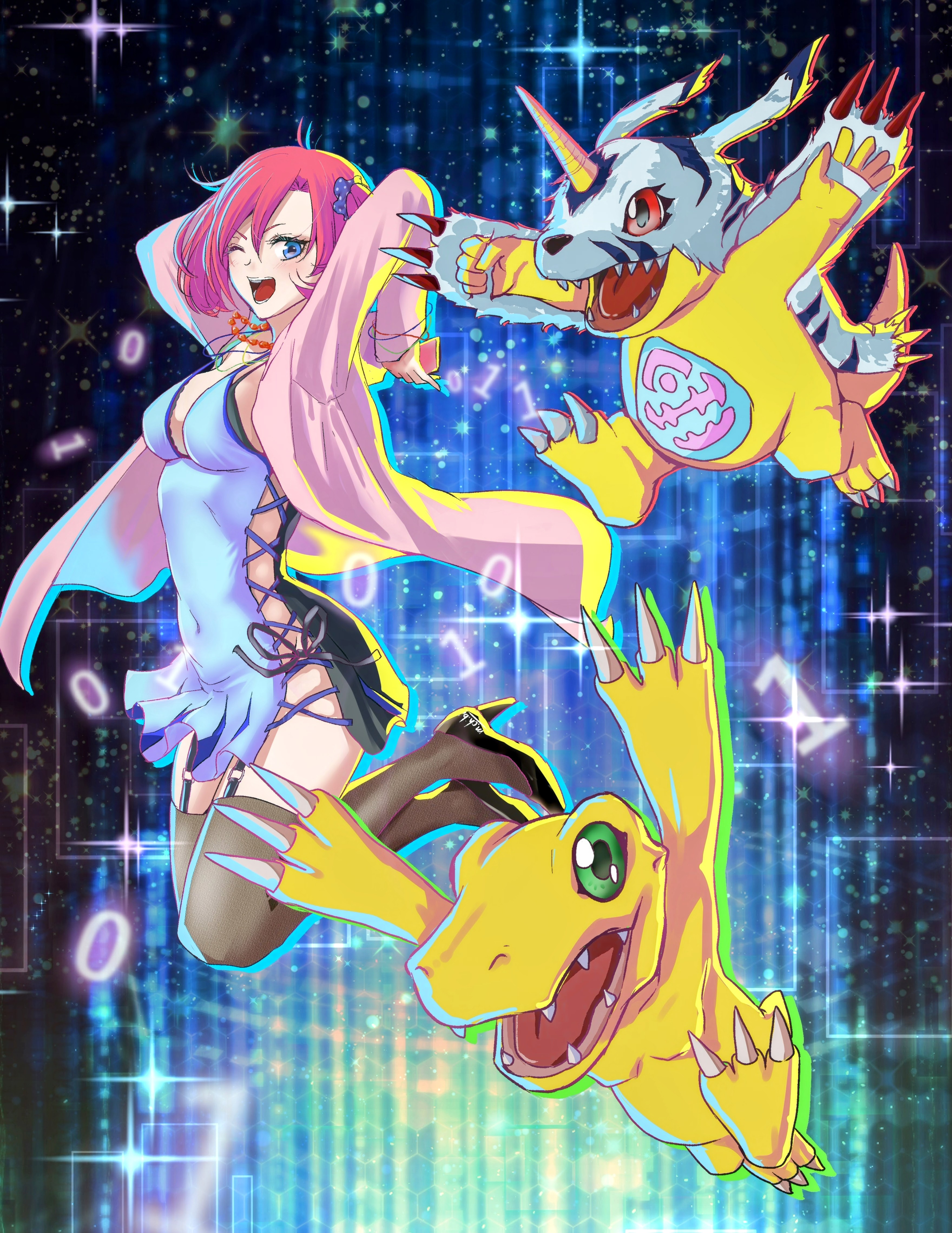 chibimaru-k, chibimaru wan, agumon, gabumon, digimon, digimon story: cyber sleuth, absurdres, highres, 1girl, black bra, black panties, black thighhighs, blue camisole, blue eyes, bra, breasts, camisole, cleavage, cross-laced clothes, digimon (creature), green eyes, group picture, high heels, horns, jacket, lizard, medium breasts, midair, one eye closed, open clothes, open jacket, panties, pink jacket, red eyes, red hair, side-tie panties, sideless outfit, single horn, thighhighs, twintails, underwear