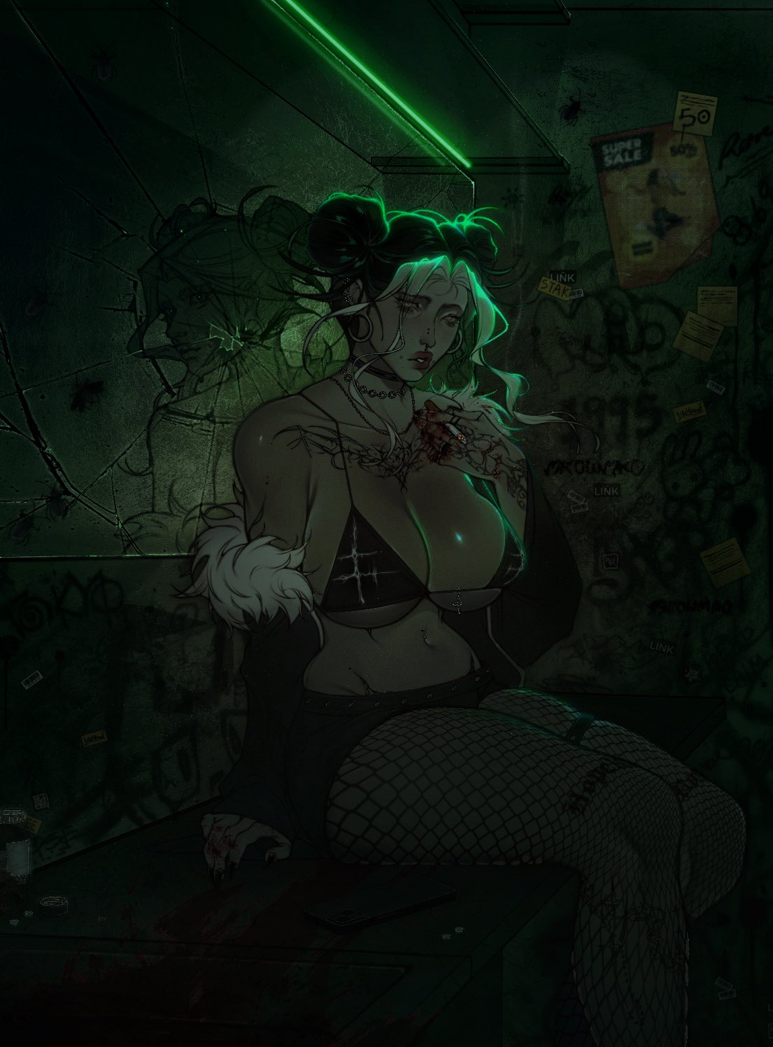 me0wma0, kuujou jolyne, jojo no kimyou na bouken, stone ocean, double, commentary, commission, english commentary, highres, 1girl, alternate breast size (larger), alternate costume, arm tattoo, asymmetrical bangs, bandaid, bandaid on leg, bikini, bikini top only, black bikini, black choker, black hair, black jacket, black nails, black shorts, blood, blood on hands, blood splatter, breasts, broken mirror, cellphone, chest tattoo, choker, cigarette, cleavage, collarbone, dark, different reflection, double bun, earrings, fingernails, fishnet pantyhose, fishnets, fur-trimmed jacket, fur trim, graffiti, hair bun, huge breasts, indoors, jacket, jewelry, looking at viewer, makeup, mirror, multicolored hair, navel, neck tattoo, neon lights, off shoulder, pantyhose, phone, piercing, poster (object), red lips, reflection, short shorts, shorts, sitting, smartphone, solo, strap gap, sweat, swimsuit, tattoo, two-tone hair, underboob, white hair