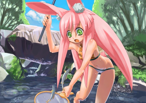 unaji, original, animal ears, green eyes, long hair, lowleg, lowleg panties, panties, pink hair, solo, underwear