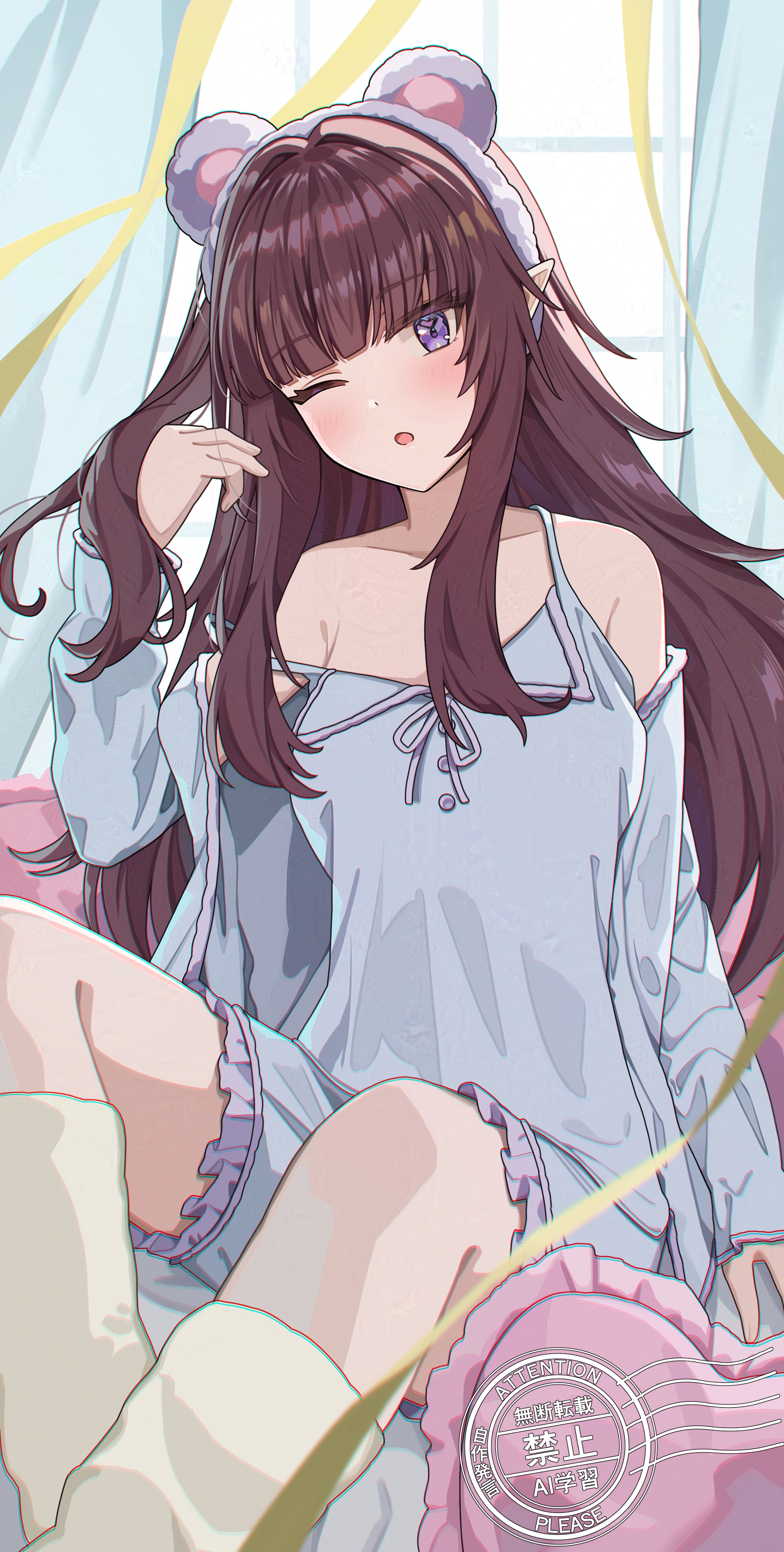matsumoto yuu, eta (kage no jitsuryokusha ni naritakute!), kage no jitsuryokusha ni naritakute!, absurdres, highres, 1girl, animal ears, elf, fake animal ears, long hair, pajamas, pointy ears, purple eyes, red hair, sleepwear, socks, yellow socks