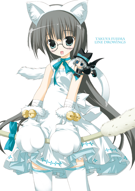 fujima takuya, tagme, 2000s (style), 2girls, animal ear fluff, animal ears, animal hands, apron, bell, blush, cat ears, cat paws, cat tail, cowboy shot, dress, engrish, eyepatch, facing viewer, fake animal ears, glasses, gloves, jingle bell, long hair, looking at viewer, mini person, minigirl, multiple girls, paw gloves, ranguage, simple background, solo, standing, tail, thighhighs, white apron, white background, white dress, white gloves, white thighhighs
