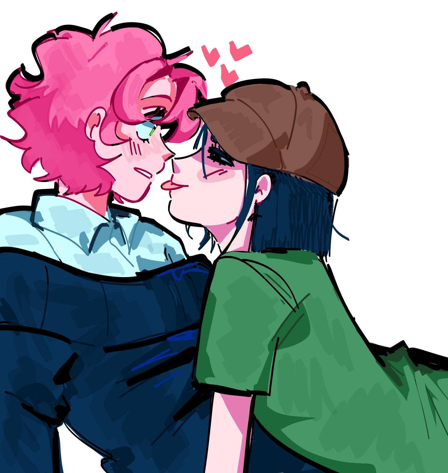 m0nacrose, mizi (alien stage), sua (alien stage), alien stage, commentary, highres, 2girls, baseball cap, black sweater, brown hat, collared shirt, green eyes, green shirt, hat, heart, multiple girls, off-shoulder sweater, off shoulder, pink hair, shirt, short hair, sweater, tongue, tongue out, very short hair, white shirt