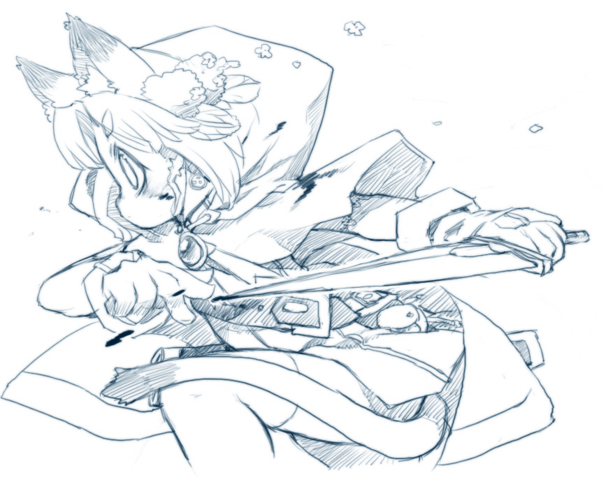 rikose, original, 1girl, action, animal ears, blue theme, female focus, gloves, monochrome, sketch, solo, sword, thighhighs, weapon