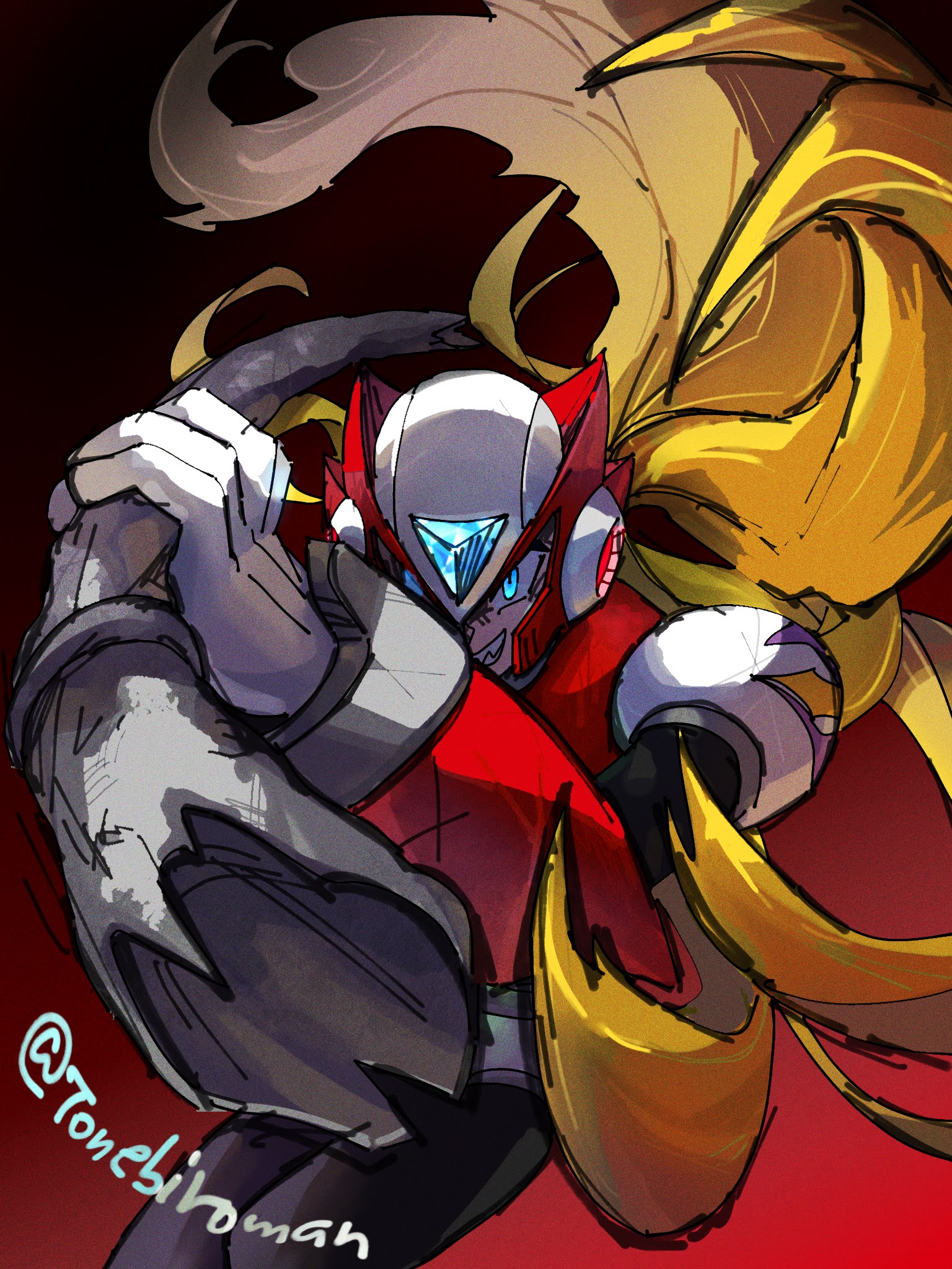 zero (mega man), mega man (series), mega man x4, mega man x (series), highres, 1boy, armor, blonde hair, blue eyes, forehead jewel, gradient background, helmet, holding, holding lead pipe, lead pipe, long hair, male focus, red armor, red background, red helmet, simple background, solo, tonebiro, twitter username