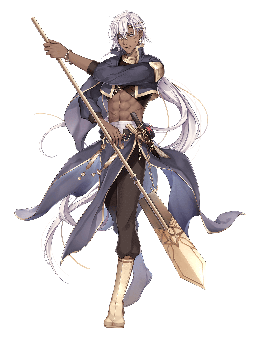 hiiragi yukiya, food fantasy, highres, official art, third-party source, 1boy, bak kut teh (food fantasy), black pants, black shirt, boots, bracelet, crop top, cropped jacket, dark-skinned male, dark skin, full body, gold trim, grey eyes, grey jacket, hair between eyes, jacket, jewelry, long hair, male focus, pants, pectorals, scar, scar on face, shirt, simple background, solo, standing, transparent background, very long hair, white hair, yellow boots