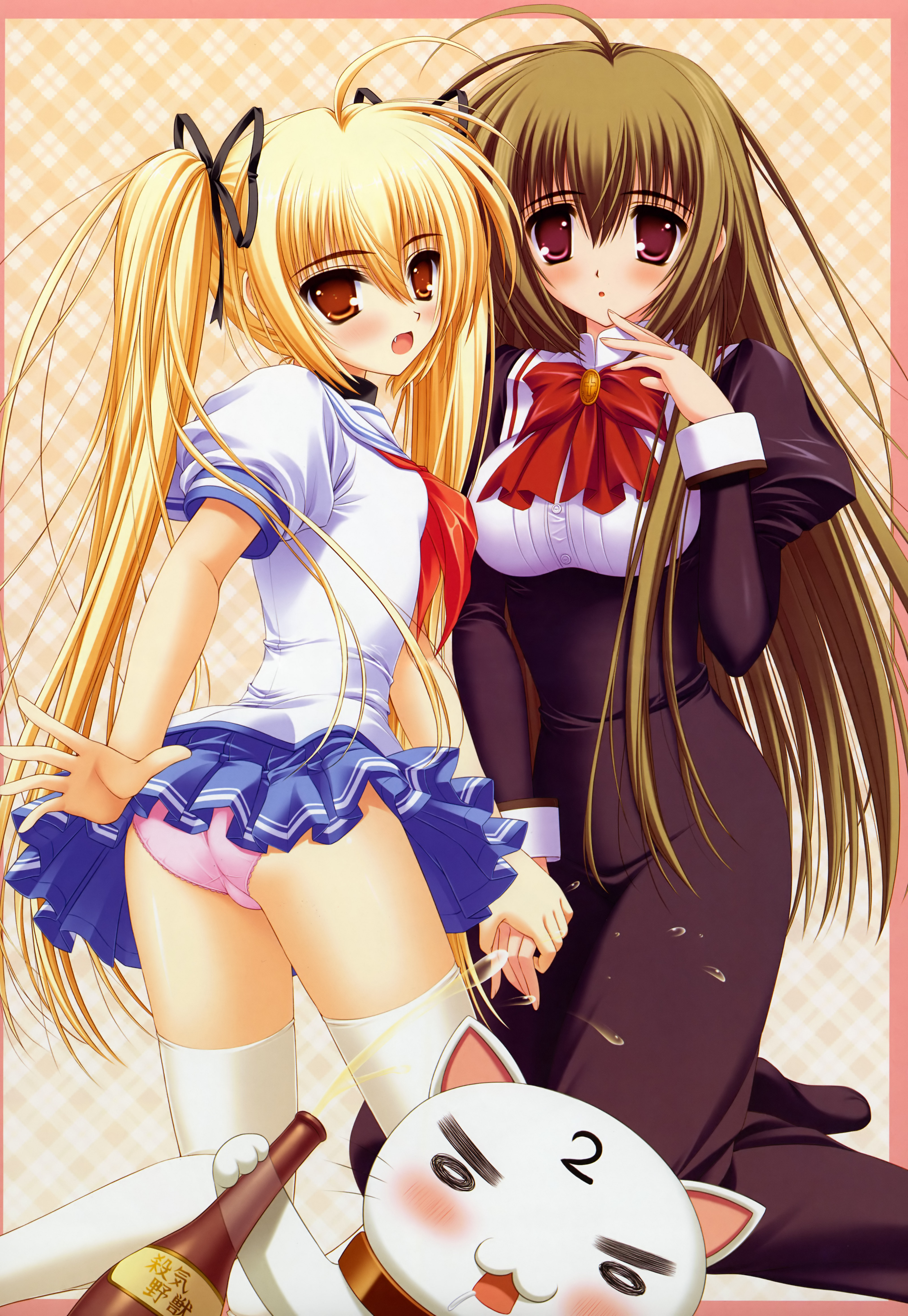 norita, ellen guydir, miyanokouji mizuho, otome wa boku ni koishiteru, utsurigi nanakoi tenkiame, absurdres, highres, 00s, blonde hair, blush, brown hair, cat, crossdressing, crossover, long hair, panties, ribbon, school uniform, thighhighs, trap, twintails, underwear