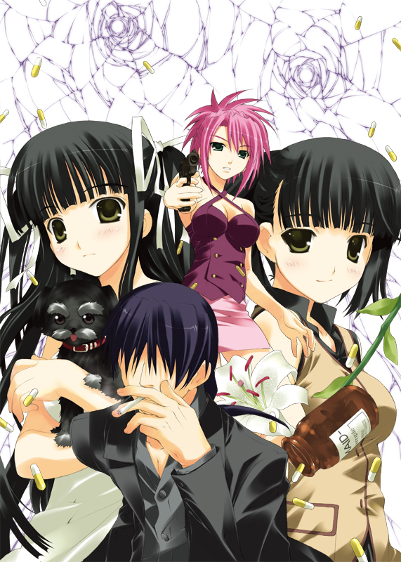 fujima takuya, amagi kojirou, houjou marina, kizeki aruto, kizeki noi, eve (series), eve new generation x, eve ~new generation x~, 1boy, 3girls, age difference, aiming, aiming at viewer, bare shoulders, black hair, blunt bangs, bottle, breasts, brown eyes, bullet hole, buttons, carrying, cigarette, cleavage, cleavage cutout, clenched teeth, clothing cutout, collar, crack, criss-cross halter, dog, dress, drugs, faceless, faceless male, flower, formal clothes, green eyes, gun, hair over eyes, hair ribbon, halterneck, handgun, high ponytail, holding, holding weapon, light smile, long hair, low ponytail, multiple girls, outstretched arm, pencil skirt, pill, pink hair, ponytail, purple hair, ribbon, short hair, short ponytail, short twintails, siblings, sisters, skirt, smile, smoke, smoking, spiked hair, spilling, suit, sundress, teeth, twintails, two side up, very long hair, vest, weapon, white dress