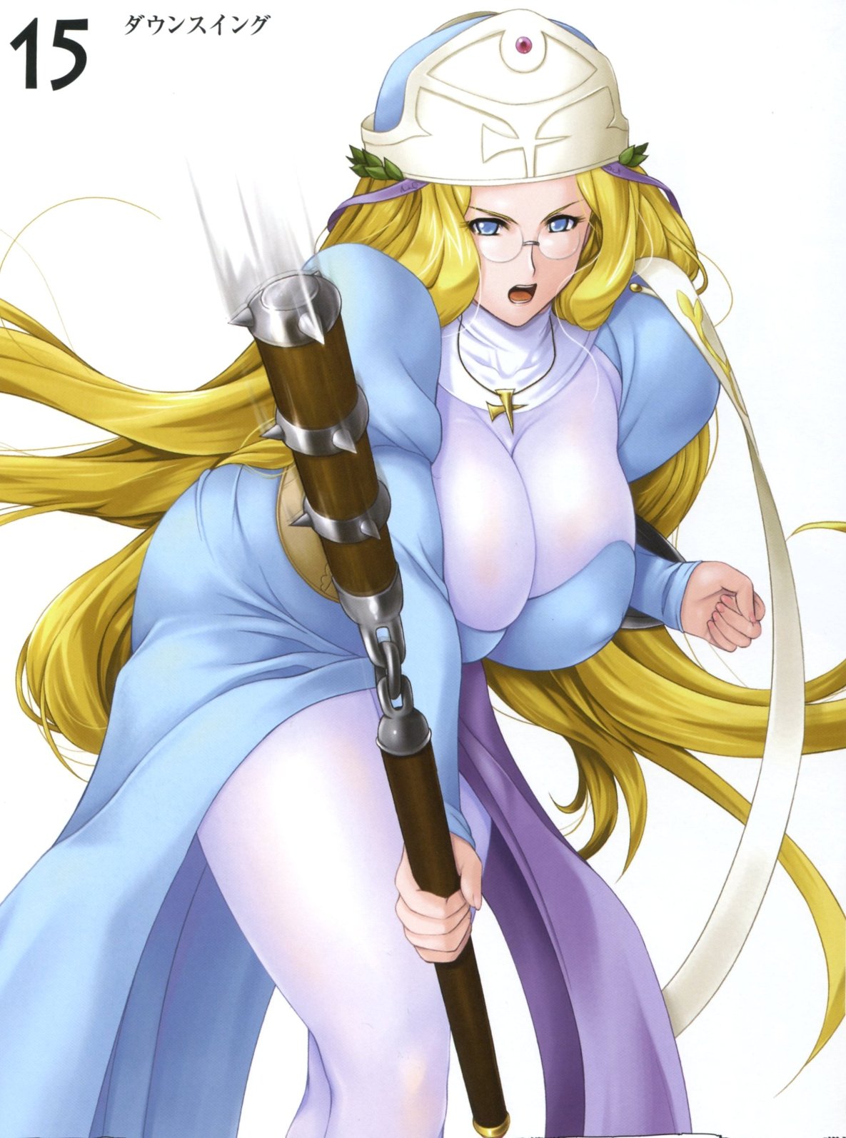 zundarepon, gainos priestess melpha, melpha, queen's blade, highres, 00s, blonde hair, blue eyes, bodysuit, breasts, club (weapon), huge breasts, long hair, shield, solo, very long hair, weapon