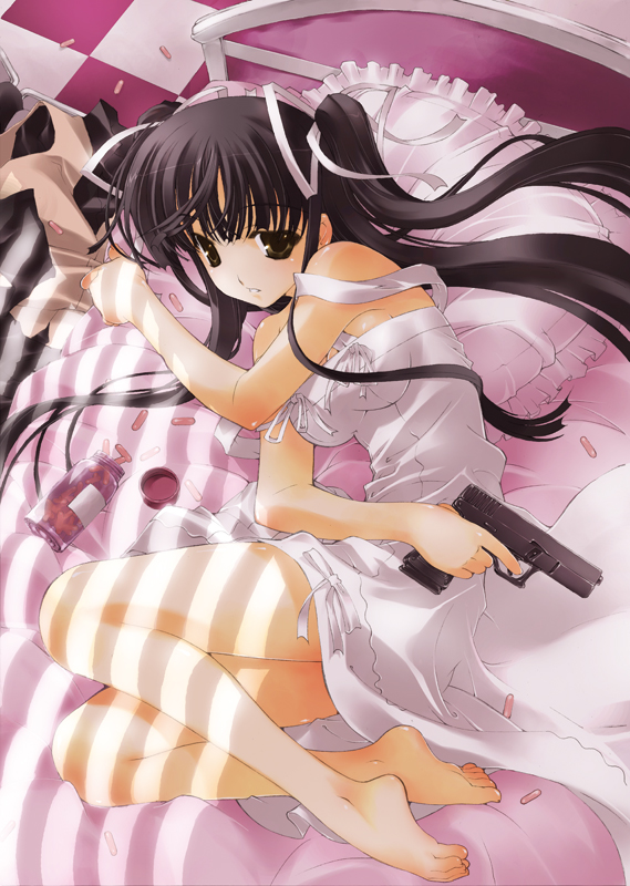 fujima takuya, kizeki noi, eve (series), eve new generation x, eve ~new generation x~, 1girl, bare shoulders, barefoot, bed, bedroom, black hair, bottle, bow, breasts, brown eyes, checkered floor, cleavage, dress, drugs, dutch angle, feet, female focus, fetal position, finger on trigger, frilled pillow, frills, from above, from side, full body, glock, gun, hair ribbon, handgun, holding, holding weapon, indoors, legs, long hair, looking at viewer, lying, medium breasts, on bed, on side, parted lips, pill, pillow, pistol, plantar flexion, ribbon, sideboob, solo, strap slip, sundress, sunlight, twintails, two side up, weapon, white dress
