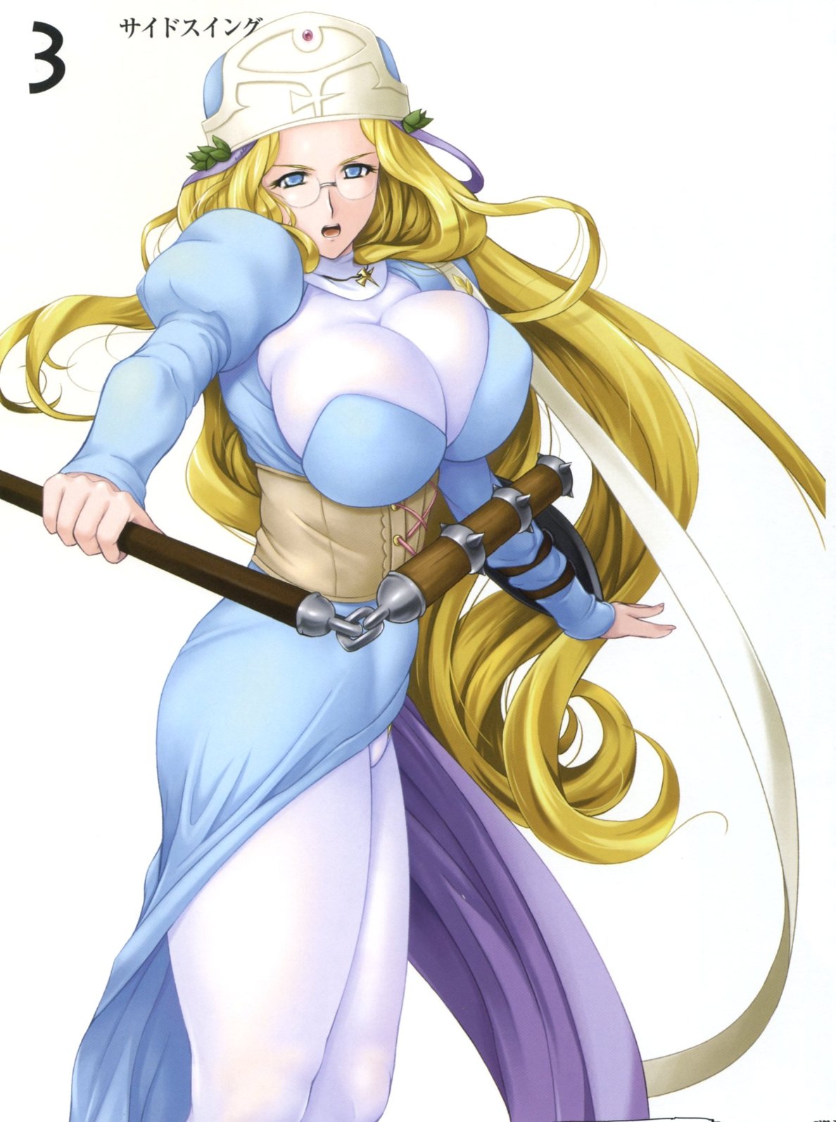zundarepon, gainos priestess melpha, melpha, queen's blade, highres, 00s, blonde hair, blue eyes, blush, bodysuit, breasts, buckler, corset, flail, glasses, huge breasts, long hair, pantyhose, shield, solo, very long hair, weapon