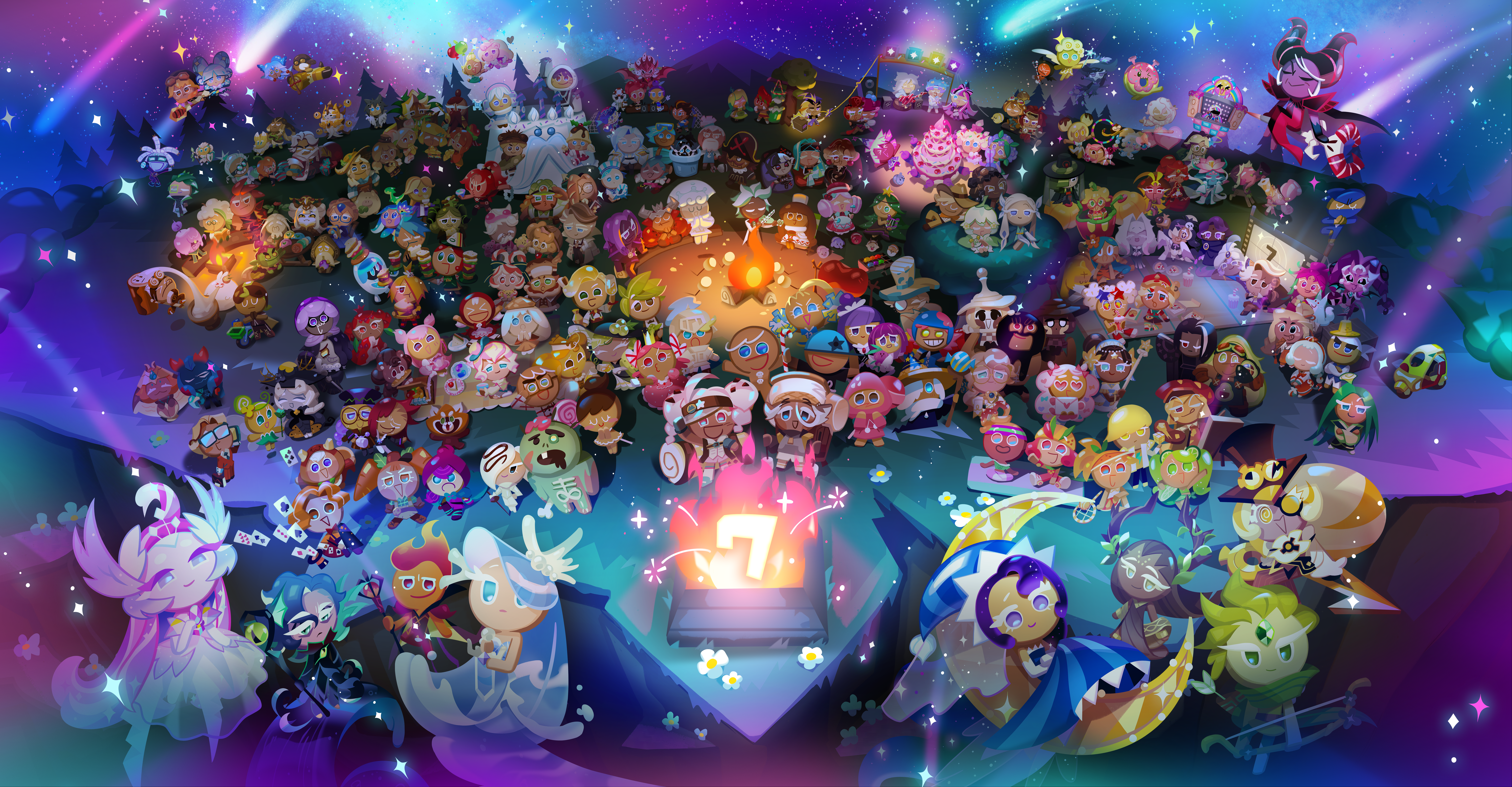 abyss monarch cookie, adventurer cookie, alchemist cookie, almond cookie, amber sugar cookie, ananas dragon cookie, angel cookie, apple cookie, avocado cookie, baguette cookie, banana cookie, birthday cake cookie, black garlic cookie, blackberry cookie, blue lily cookie, butter pretzel cookie, candlelight cookie, captain ice cookie, carol cookie, cheerleader cookie, cheesecake cookie, cherry blossom cookie, cherry cookie, chestnut cookie, chili pepper cookie, chocolate bonbon cookie, cinnamon cookie, cocoa cookie, coffee candy cookie, cotton candy cookie, cream puff cookie, cream unicorn cookie, croissant cookie, crowberry cookie, currant cream cookie, dark choco cookie, dark enchantress cookie, devil cookie, dj cookie, earl grey cookie, eggnog cookie, electric eel cookie, fairy cookie, fig cookie, fire spirit cookie, gingerbrave, gingerbright, herb cookie, hydrangea cookie, ice juggler cookie, kumiho cookie, kumiho cookie (fox), langue de chat cookie, lemon cookie, licorice cookie, lilac cookie, lilybell cookie, lime cookie, longan dragon cookie, lotus dragon cookie, lychee dragon cookie, marshmallow cookie, matcha cookie, milk cookie, millennial tree cookie, moon rabbit cookie, moon rabbit cookie (rabbit), moonlight cookie, ninja cookie, onion cookie, orange cookie, pancake cookie, pastel meringue cookie, pawn black cookie, pawn white cookie, peach cookie, peppermint cookie, pitaya dragon cookie, pizza cookie, plum cookie, poison mushroom cookie, pomegranate cookie, popcorn cookie, popping candy cookie, princess cookie, pudding cookie, purple yam cookie, red bean cookie, rockstar cookie, s'more cookie, sea fairy cookie, shining glitter cookie, skater cookie, snake fruit cookie, snow sugar cookie, soda cookie, sorbet shark cookie, sour belt cookie, space doughnut, sparkling cookie, spinach cookie, squid ink cookie, starfruit cookie, strawberry cookie, string gummy cookie, tiger lily cookie, timekeeper cookie, tiramisu cookie, truffle cookie, vagabond cookie, vampire cookie, werewolf cookie, whipped cream cookie, white ghost cookie, wind archer cookie, wizard cookie, yogurt cream cookie, cookie run, cookie run: ovenbreak, absurdres, bad link, highres, incredibly absurdres, official art, + +, 6+boys, 6+girls, 6+others, absolutely everyone, aircraft, aloe cookie, anniversary, armor, balloon, beard, beet cookie, bell pepper cookie, bellflower cookie, black dress, black hair, blonde hair, blue-framed eyewear, blue dress, blue eyes, blue hair, blue hat, blue slushy cookie, blueberry pie cookie, blush, blush stickers, book, bow, bow (weapon), bowtie, brown eyes, brown hair, brown hat, brown pants, butter tiger, butterbear cookie, butterfly wings, buttershell fox cookie, cake, campfire, cannoli cookie, cape, cappuccino cookie, carrot cookie, cauliflower cookie, centipede cookie, cherry ball cookie, chibi, chibi only, choco ball cookie, choco ring lion cookie, choco the monkey, churro cookie, closed eyes, closed mouth, coat, coffee cookie, colored skin, conch, cup, cyborg, cyborg cookie, dark-skinned female, dark-skinned male, dark skin, dino-sour cookie, dr. bones cookie, dr. wasabi cookie, dress, drink, drinking, drum, earmuffs, eating, everyone, facial hair, fangs, firecracker cookie, food, formal clothes, freckles, fruit, general jujube cookie, gift, gim cookie, ginseng cookie, glasses, gloves, goblin cookie, goggles, grapefruit cookie, green eyes, green hair, green hat, grey hair, grey skin, guitar, gumball cookie, habanero cookie, hairband, hammer, hat, head wings, hero cookie, hockey mask, hockey stick, holding, holding balloon, holding book, holding bow (weapon), holding food, holding guitar, holding hammer, holding instrument, holding lyre, holding microphone, holding polearm, holding shield, holding staff, holding violin, holding weapon, hood, hood up, ice candy cookie, insect wings, instrument, ion cookie robot, jacket, jellysaur, kiwi cookie, knight cookie, lab coat, leek cookie, lobster cookie, lollipop cookie, long hair, lyre, macaron animal, macaron cookie, mala sauce cookie, mango, mango cookie, maple panda cookie, marshmallow, mask, melon bun cookie, microphone, mint choco cookie, mocha ray cookie, monocle, multicolored hair, multiple boys, multiple girls, multiple others, muscle cookie, music, mustache, mustard cookie, necktie, night, okchun cookie, one eye closed, open mouth, orange hair, outdoors, overalls, pants, peperoncino cookie, peppercorn cookie, picnic, pigtato, pilot cookie, pink choco cookie, pink eyes, pink hair, pink hairband, pink skin, pirate cookie, pistachio cookie, pizza, playing instrument, polearm, pond dino cookie, potato cookie, prophet cookie, purple cape, purple eyes, purple hair, purple jacket, rambutan cookie, raspberry mousse cookie, rebel cookie, red eyes, red hair, red pepper cookie, roguefort cookie, roll cake cookie, rose cookie, salt cookie, sandwich, sandwich cookie (cookie run), scorpion cookie, scouter, shield, shine muscat cookie, shirt, shoes, shooting star, short hair, sitting, skating queen cookie, sky, smile, snow king, sparkle, speaker, staff, standing, star (sky), starry sky, striped clothes, striped shirt, sugar glass cookie, sugar swan cookie, suit, teacup, tongue, tongue out, unicorn horn, violin, walnut cookie, weapon, white choco cookie, white coat, white hair, white hat, white shirt, wings, yellow eyes, yoga cookie, zombie cookie