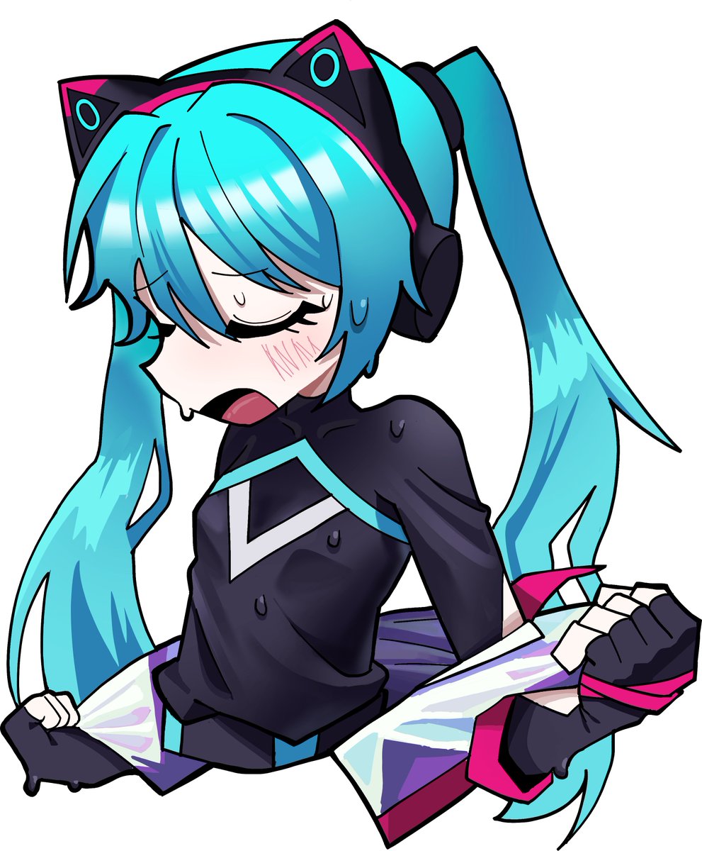 huchu (huchu sogume), hatsune miku, vocaloid, highres, 1girl, alternate costume, animal ear headphones, animal ears, aqua hair, black shirt, cat ear headphones, closed eyes, fake animal ears, gloves, headphones, jacket, long hair, open clothes, open jacket, open mouth, shirt, simple background, solo, sweat, twintails, upper body, white background