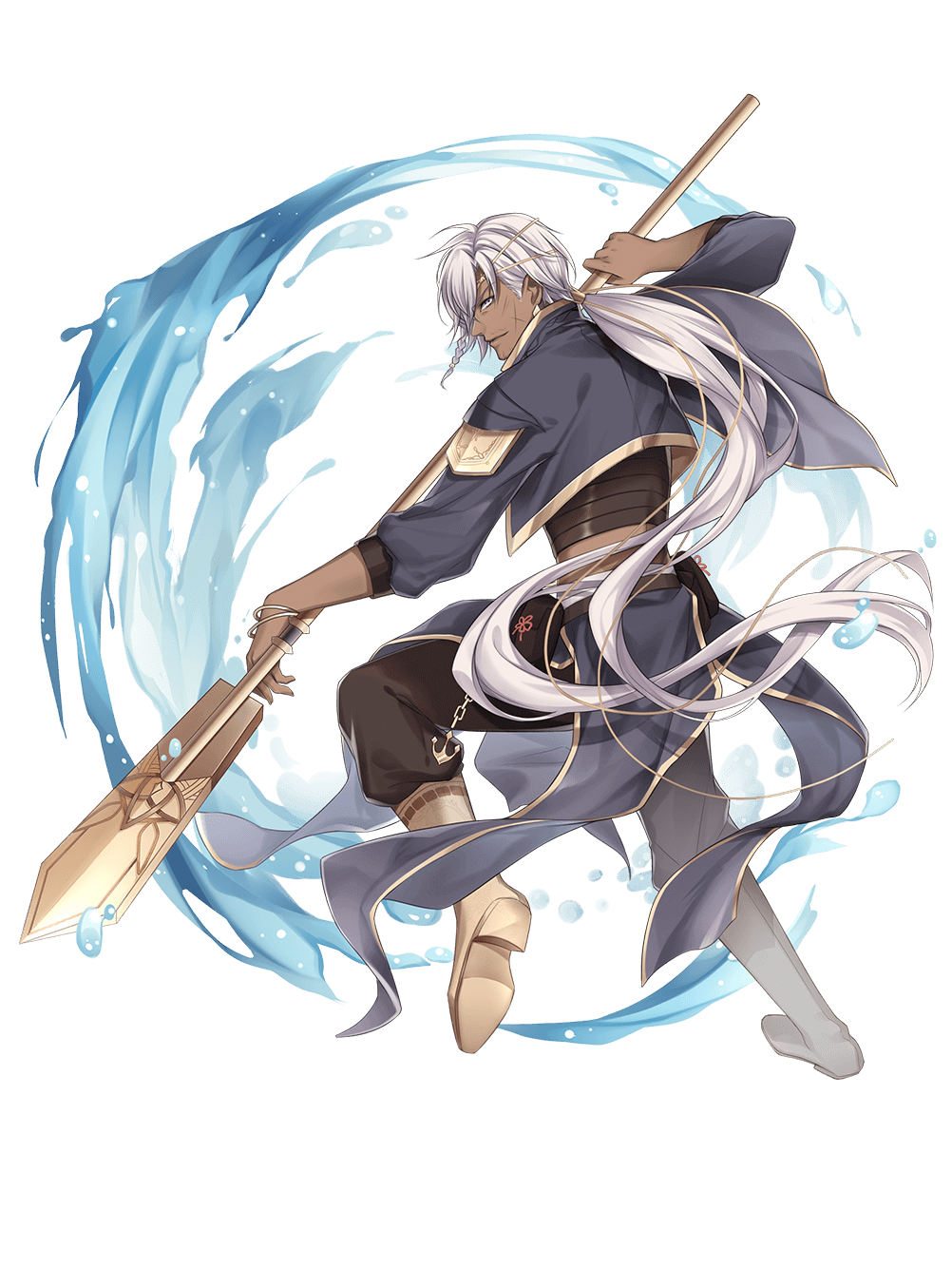 hiiragi yukiya, food fantasy, highres, official art, third-party source, 1boy, bak kut teh (food fantasy), black pants, boots, bracelet, braid, dark-skinned male, dark skin, full body, grey eyes, grey jacket, holding, jacket, jewelry, long hair, male focus, pants, profile, scar, scar on face, simple background, solo, transparent background, very long hair, white hair, yellow boots