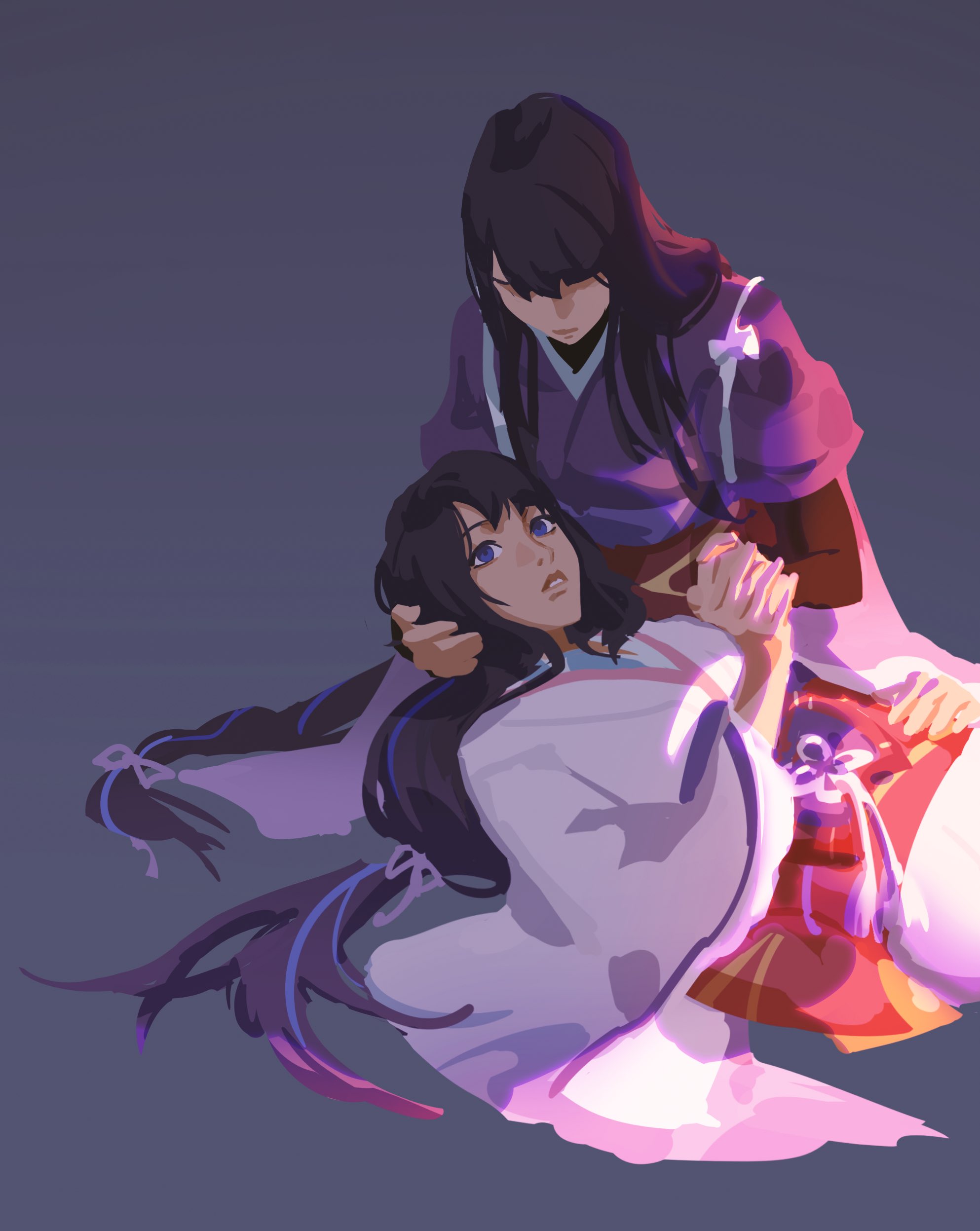 aina (mayexplode), makoto (genshin impact), raiden shogun, genshin impact, absurdres, commentary, english commentary, highres, spoilers, 2girls, blunt bangs, braid, bridal gauntlets, closed mouth, dying, empty eyes, hand on another's head, holding hands, implied death, japanese clothes, kimono, leaning forward, long braid, long hair, low-tied long hair, lying, lying on person, multicolored hair, multiple girls, on back, on ground, parted lips, purple background, purple eyes, purple hair, purple kimono, purple ribbon, red ribbon, red sash, ribbon, sash, shade, shaded face, siblings, simple background, single braid, sisters, sitting, streaked hair, teeth, twins