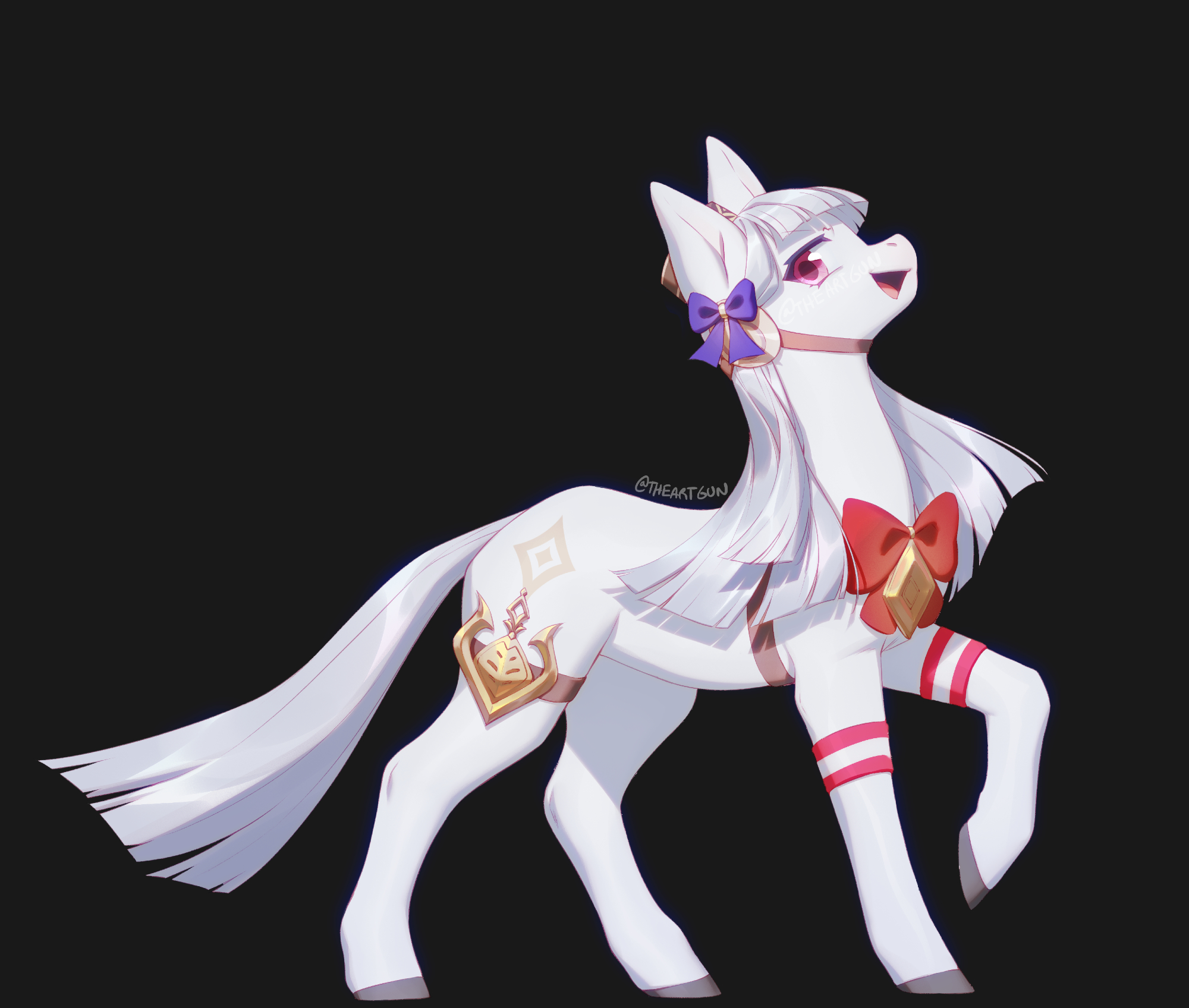 theartgun, gold ship (umamusume), my little pony, my little pony: friendship is magic, umamusume, commentary, english commentary, highres, animal, animal focus, animalization, black background, blue bow, blunt bangs, bow, bowtie, cutie mark, grey hair, hair bow, hat, horse, long hair, looking at viewer, no humans, open mouth, pillbox hat, pony (animal), recursive animalization, red bow, red eyes, simple background, smile, solo, standing