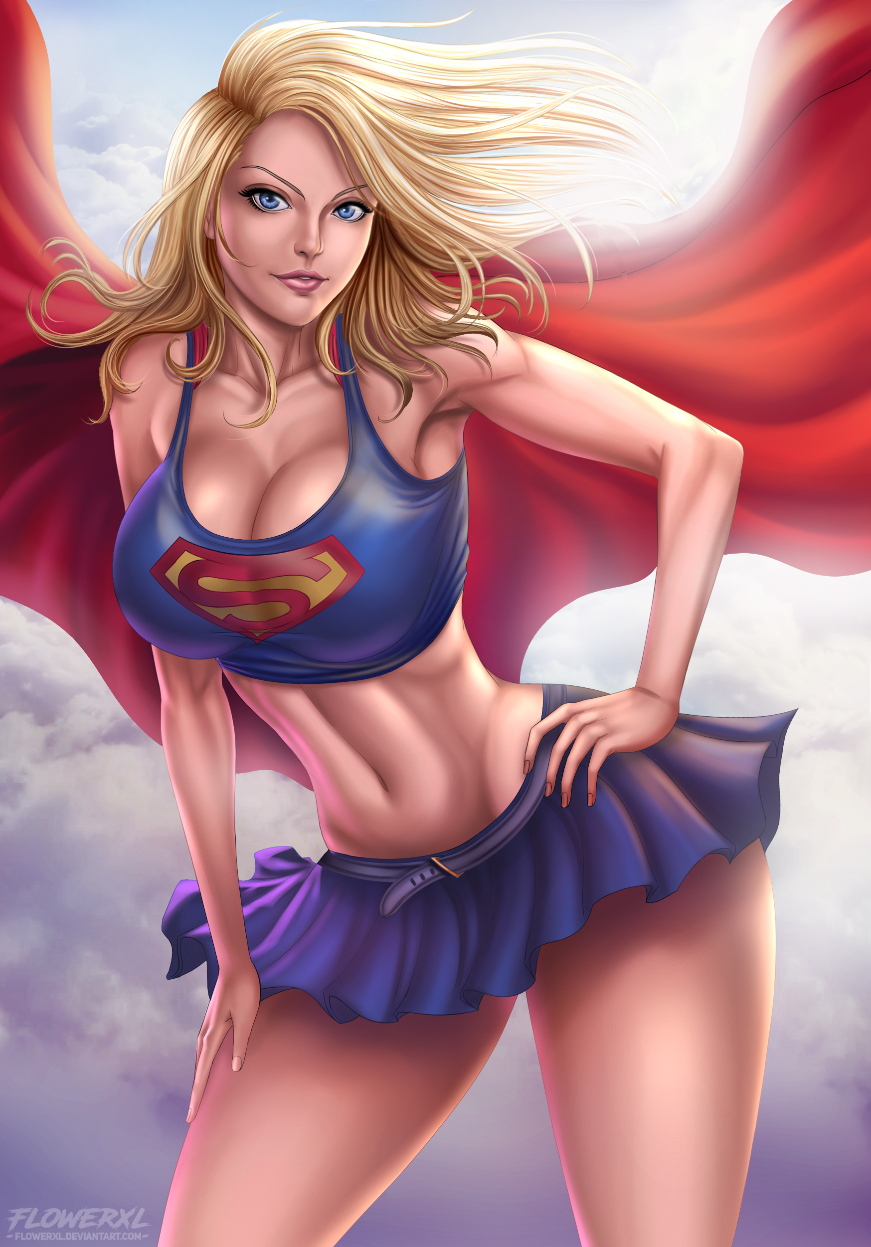 flowerxl, kara danvers, kara zor-el, supergirl, dc comics, superman (series), 1girl, artist logo, blonde hair, blue eyes, blue skirt, breasts, cape, cloud, comic book character, curvy, female focus, hair in wind, kryptonian, logo, long hair, looking at viewer, medium breasts, pink lips, red cape, skirt, sky, smile, standing, straight hair, supergirl (series), superhero costume, thick thighs, thighs, watermark