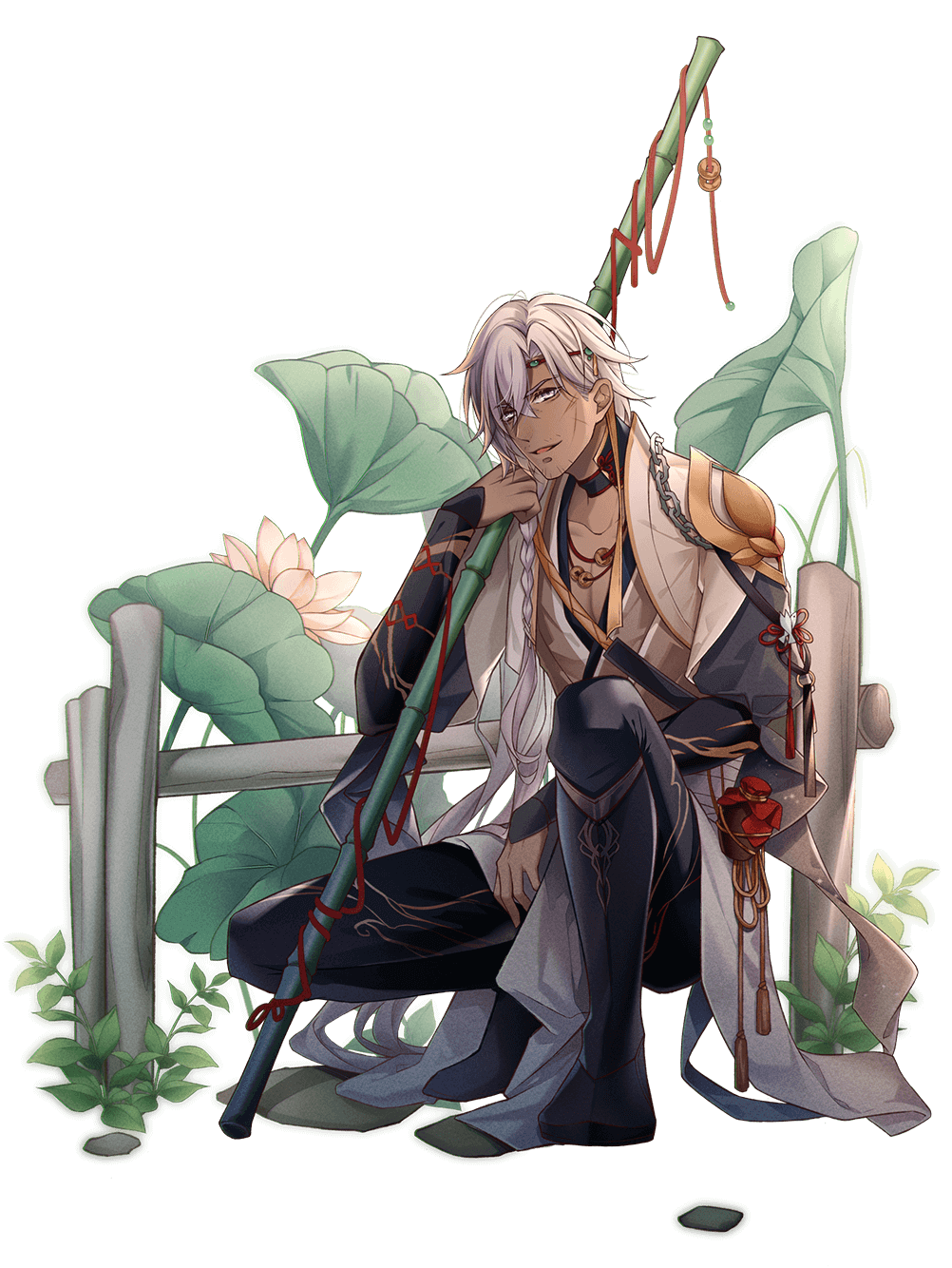 hiiragi yukiya, food fantasy, highres, official art, third-party source, 1boy, abs, bak kut teh (food fantasy), black pants, braid, collarbone, dark-skinned male, dark skin, flower, full body, grey eyes, hair between eyes, looking at viewer, lotus, male focus, pants, simple background, sitting, solo, transparent background, white hair