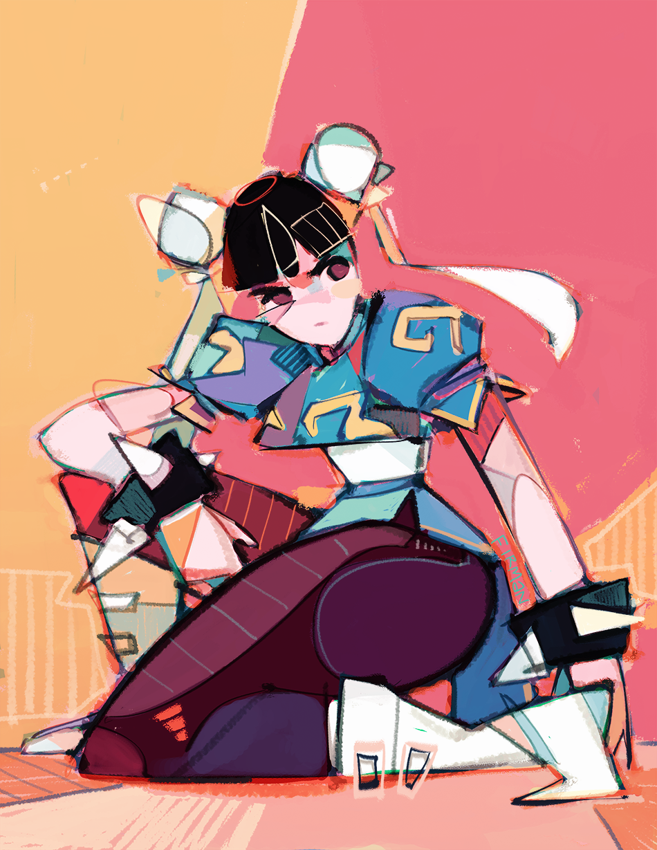 michaelfirman, chun-li, capcom, street fighter, alt text, highres, 1girl, artist name, black hair, boots, bracelet, breasts, brown eyes, bun cover, china dress, chinese clothes, double bun, dress, hair bun, jewelry, looking to the side, narrow waist, no pupils, pantyhose, simple background, solo, spiked bracelet, spikes, thick thighs, thighs