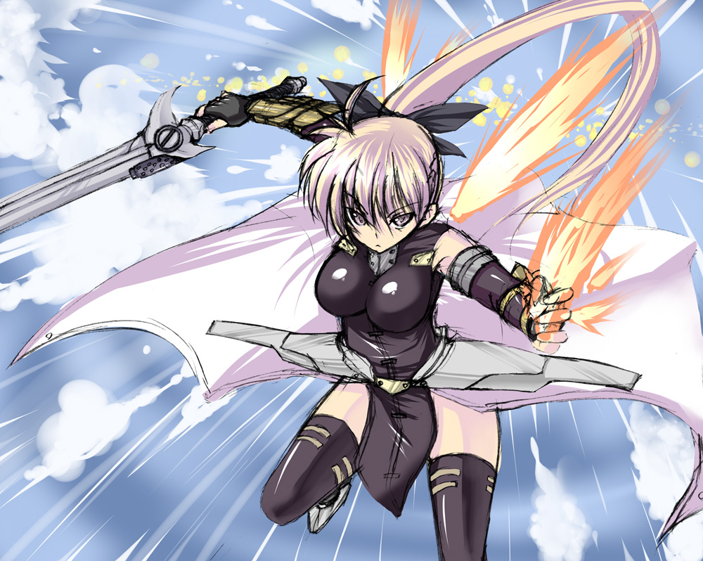 agito (fusion), laevatein (nanoha), signum, lyrical nanoha, mahou shoujo lyrical nanoha, mahou shoujo lyrical nanoha strikers, 00s, 1girl, element bender, female focus, fiery wings, fire, long hair, pink hair, ponytail, solo, sword, thighhighs, unison (nanoha), weapon, whip sword, wings