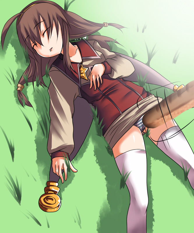 johnny funamushi, lilka eleniak, wild arms, wild arms 2, 1girl, bread, female focus, food, green background, long hair, low-tied long hair, panties, saliva, sleep molestation, sleeping, solo, striped clothes, striped panties, thighhighs, twintails, underwear, white thighhighs, zettai ryouiki