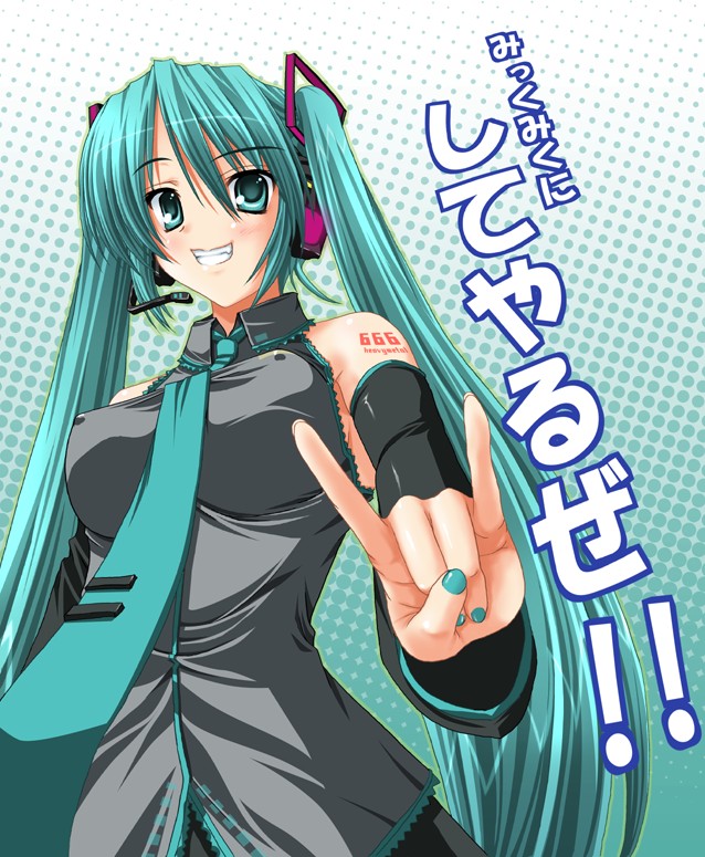 miyai sen, hatsune miku, vocaloid, 1girl, n/, aqua hair, aqua necktie, breasts, covered erect nipples, female focus, gesture, grin, large breasts, long hair, necktie, smile, solo, twintails, very long hair