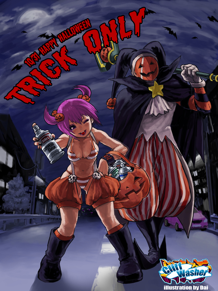daichan mona, original, commentary, artist name, bat (animal), black nails, dated, hair horns, halloween, halloween bucket, halloween costume, happy halloween, holding, holding spray can, jack-o'-lantern, spray can