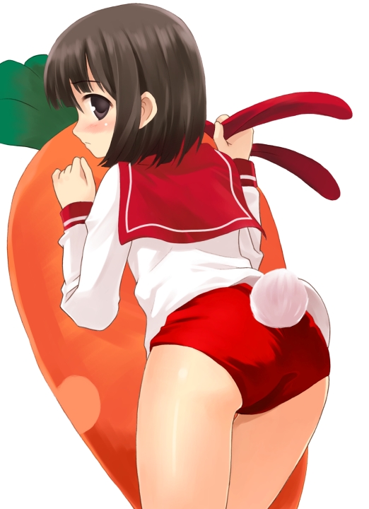 kurasuke, original, 1girl, ass, bob cut, brown eyes, brown hair, buruma, carrot, female focus, looking back, rabbit tail, school uniform, serafuku, short hair, solo, tail, themed object