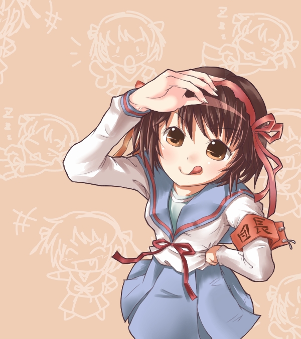yugusa yuube, suzumiya haruhi, suzumiya haruhi no yuuutsu, 00s, 1girl, armband, female focus, school uniform, solo, tongue