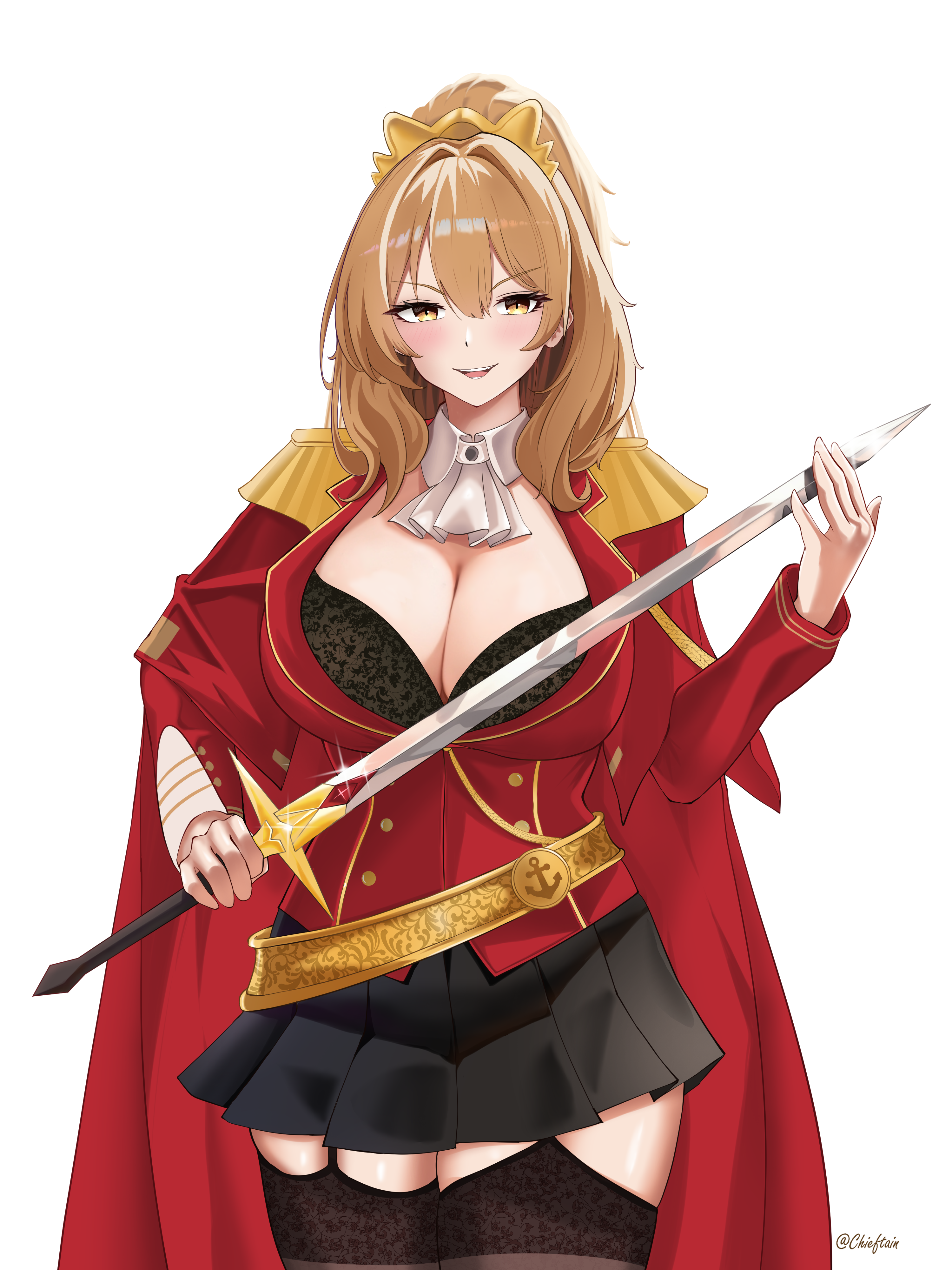 chieftain art13, lion (azur lane), azur lane, absurdres, commentary, commission, english commentary, highres, 1girl, aiguillette, artist name, ascot, black bra, black garter straps, black skirt, black thighhighs, bra, breasts, buttons, cape, cleavage, clothing cutout, collar, cowboy shot, detached collar, double-breasted, epaulettes, fangs, garter straps, gold trim, hair between eyes, hair ornament, holding, holding sword, holding weapon, jacket, lace, lace-trimmed bra, lace-trimmed thighhighs, lace trim, large breasts, long hair, long sleeves, medal, open mouth, orange hair, pleated skirt, ponytail, red cape, red jacket, red sleeves, sidelocks, signature, simple background, skindentation, skirt, smile, solo, sparkle, sword, teeth, thick thighs, thighhighs, thighs, underwear, weapon, white ascot, white background, white collar, zettai ryouiki