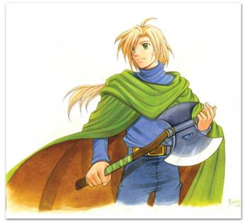 gremio (suikoden), gensou suikoden, gensou suikoden i, konami, lowres, 1boy, axe, male focus, scar, solo, weapon