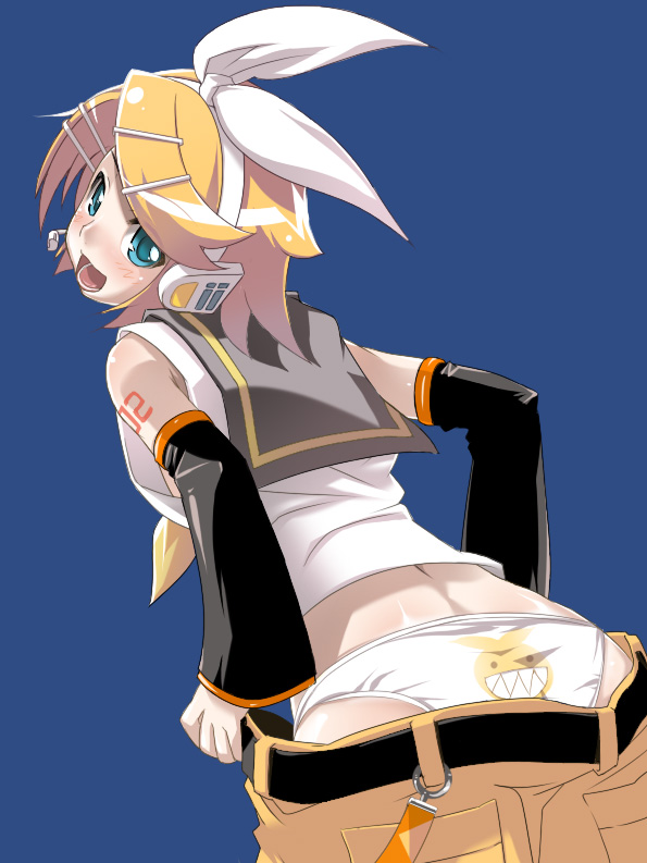 yoshihara maito, kagamine rin, vocaloid, 1girl, belt, bent over, female focus, headset, number tattoo, panties, pantyshot, print panties, sailor collar, shorts, shoulder tattoo, simple background, solo, tattoo, underwear