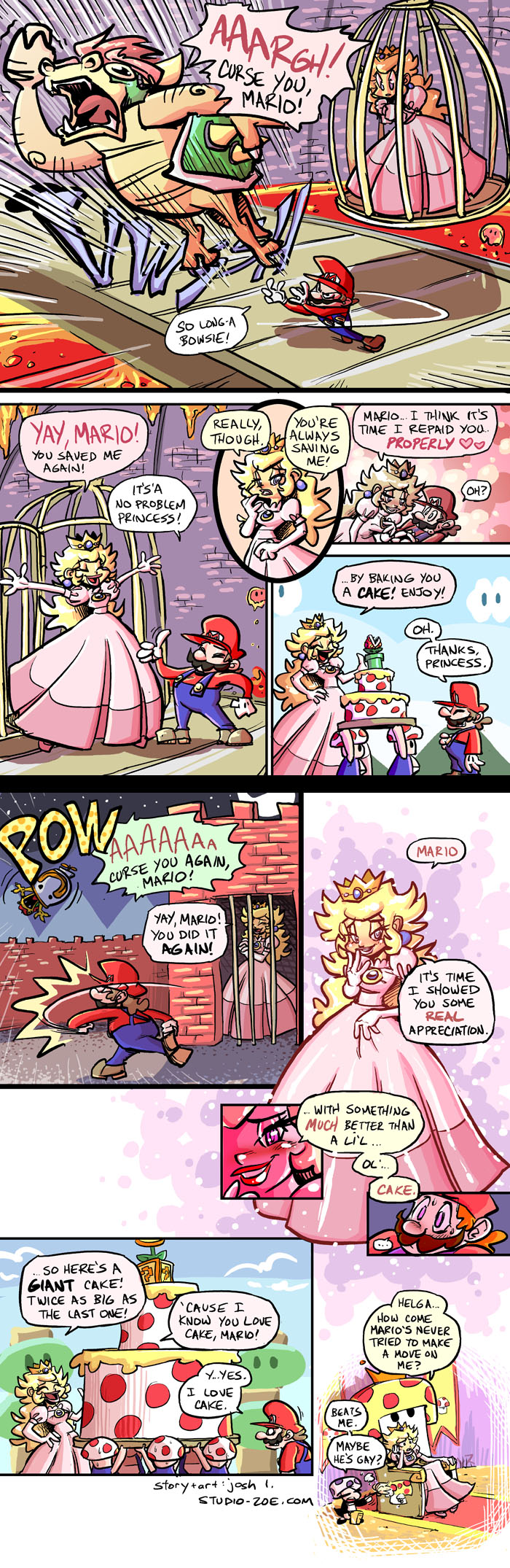 josh lesnick, lol, bowser, koopa, lava bubble, mario, princess peach, mario (series), nintendo, super mario bros. 1, toad, highres, long image, tall image, cake, comic, food, fruit, parody, pastry, peach, truth