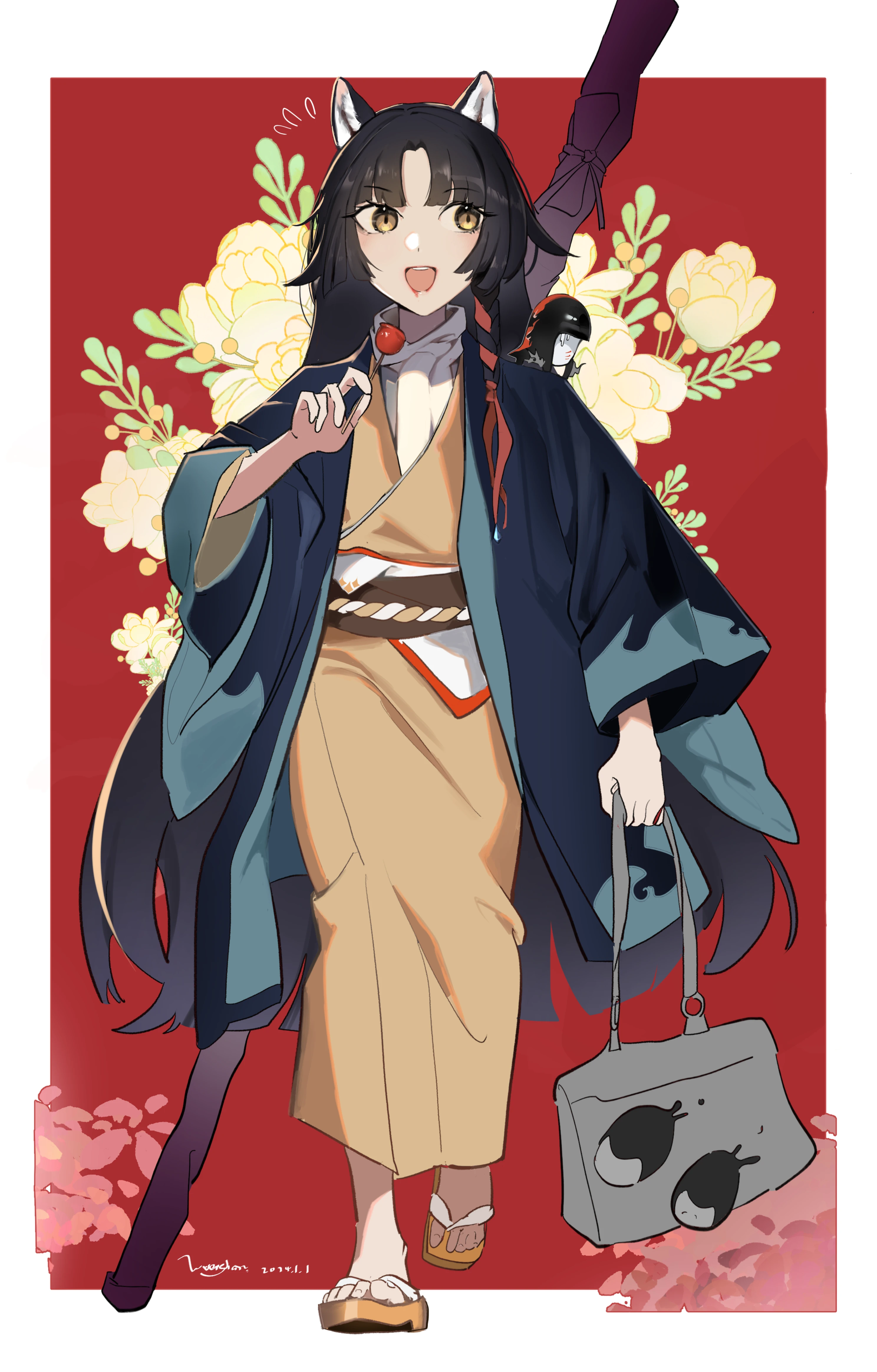 akiyama-mon, bitey (arknights), saga (arknights), arknights, absurdres, chinese commentary, commentary request, highres, 1girl, :d, animal ears, black hair, border, brown sash, dated, floral background, flower, flying sweatdrops, food, full body, hair ribbon, haori, holding, holding food, japanese clothes, kimono, long hair, long sleeves, looking to the side, open clothes, open mouth, outside border, parted bangs, red background, red ribbon, ribbon, sandals, scarf, sideways glance, smile, solo, standing, very long hair, white border, white scarf, wide sleeves, yellow eyes, yellow flower, yellow kimono, yellow sandals