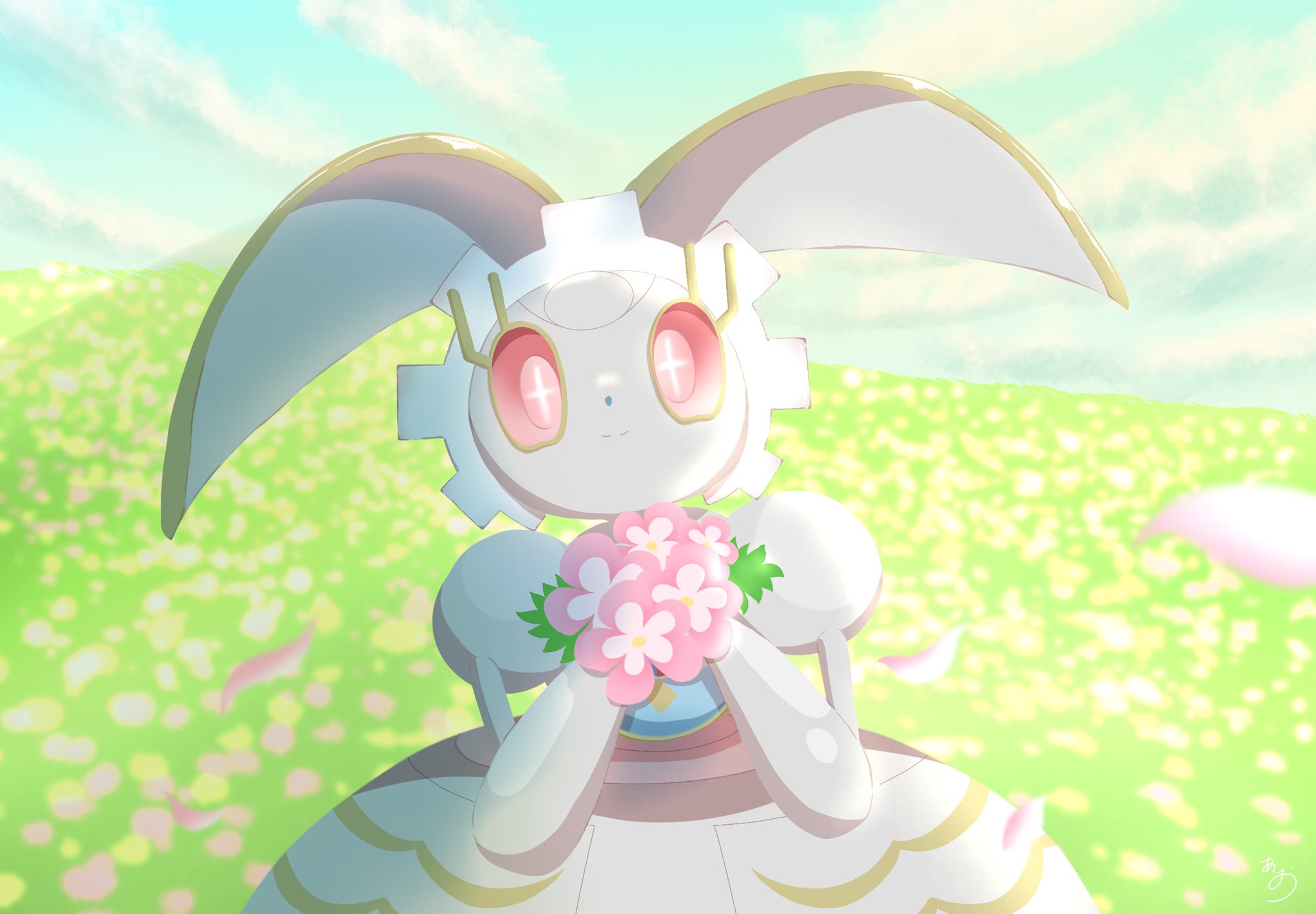 natu a0z0ra, magearna, magearna (normal), nintendo, pokemon, highres, blue sky, field, flower, flower field, gen 7 pokemon, grass, holding, humanoid robot, legendary pokemon, looking at viewer, mythical pokemon, outdoors, pokemon (creature), pokemon focus, robot, sky, solo