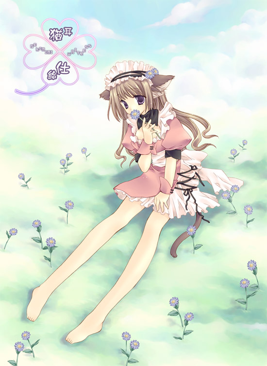 tatekawa mako, original, 1girl, animal ears, brown hair, cat ears, cat tail, female focus, flower, long hair, purple eyes, solo, tail, waitress