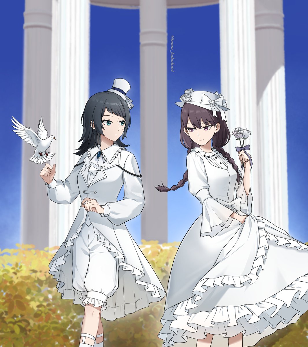 rankaku, shiina taki, yahata umiri, bang dream!, bang dream! it's mygo!!!!!, chinese commentary, commentary request, highres, 2girls, bird, black hair, blue eyes, braid, coat, dove, dress, frilled dress, frills, gloves, hat, long hair, medium hair, mole, mole under eye, multiple girls, purple eyes, skirt hold, twin braids, white coat, white dress, white gloves, white hat