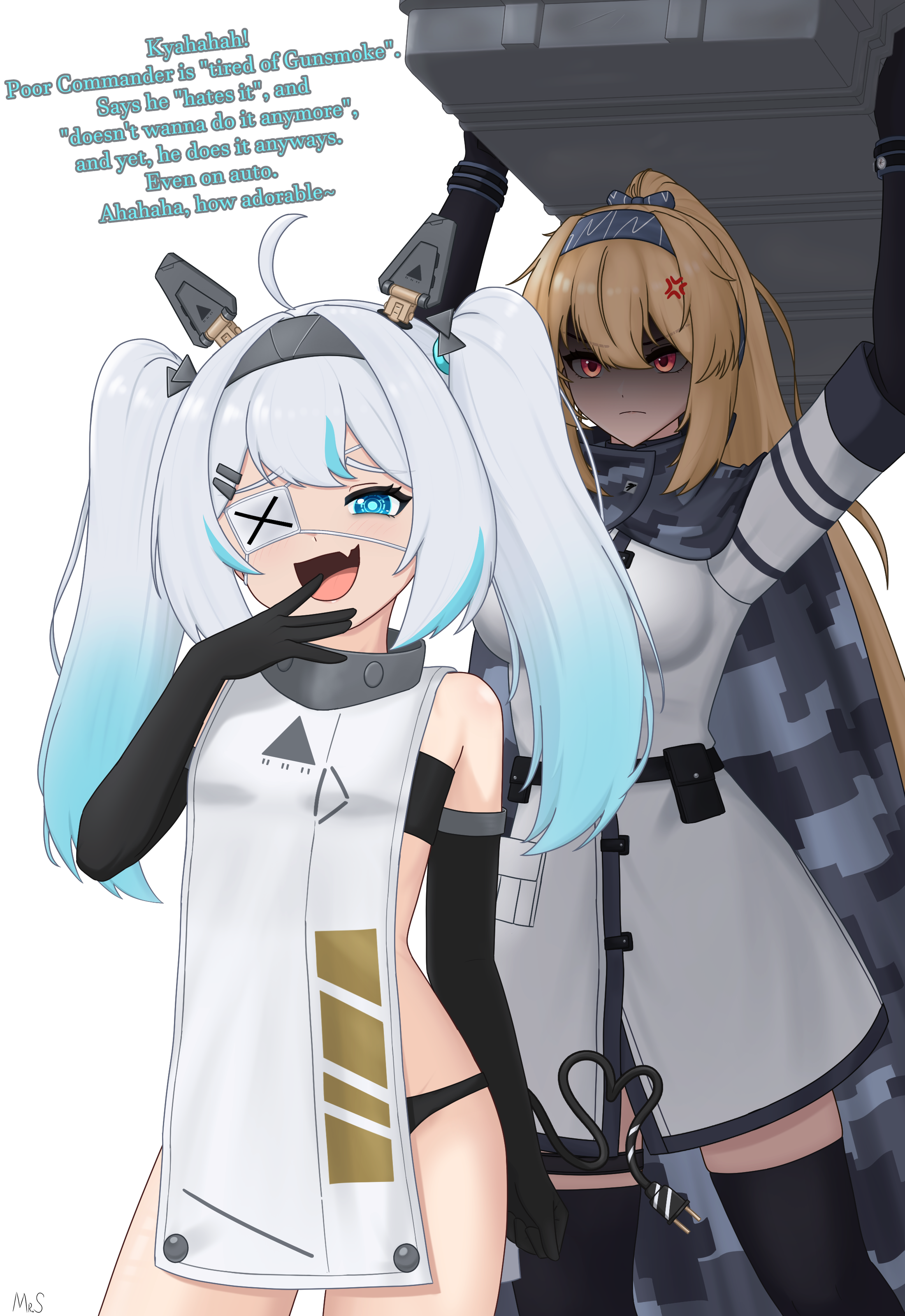 mr.something, mo (girls' frontline 2), sv-98 (girls' frontline), sv-98 (mod3) (girls' frontline), girls' frontline, girls' frontline 2: exilium, absurdres, highres, 2girls, :d, anger vein, angry, bare shoulders, black bra, black gloves, black panties, blonde hair, blue eyes, blue hair, blue hairband, blush, bra, breasts, dress, elbow gloves, english text, eyepatch, fang, frown, gloves, hair between eyes, hairband, headgear, laughing, long hair, looking at another, looking at viewer, medium breasts, mesugaki, mocking, multicolored hair, multiple girls, open mouth, panties, ponytail, red eyes, shaded face, sideless dress, small breasts, smile, smug, streaked hair, tail, twintails, underwear, very long hair, white dress, white hair